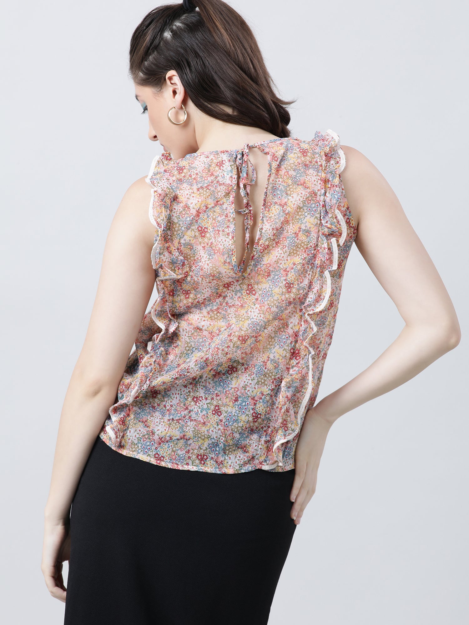 Women Regular Fit Printed Pink Top With Frilled Neckline