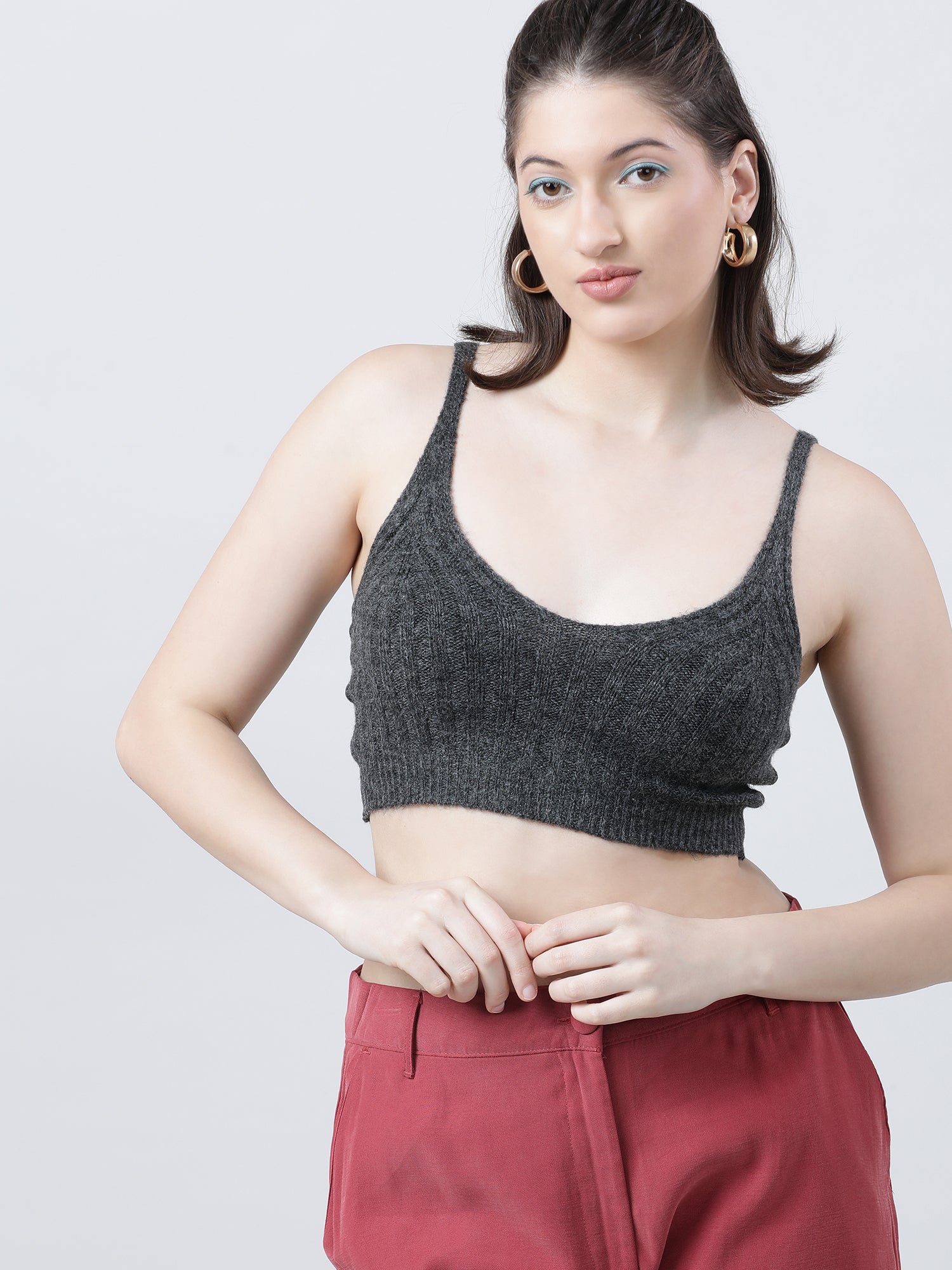 Women Slim Fit Light Dark Grey Ribbed Strappy Crop Top