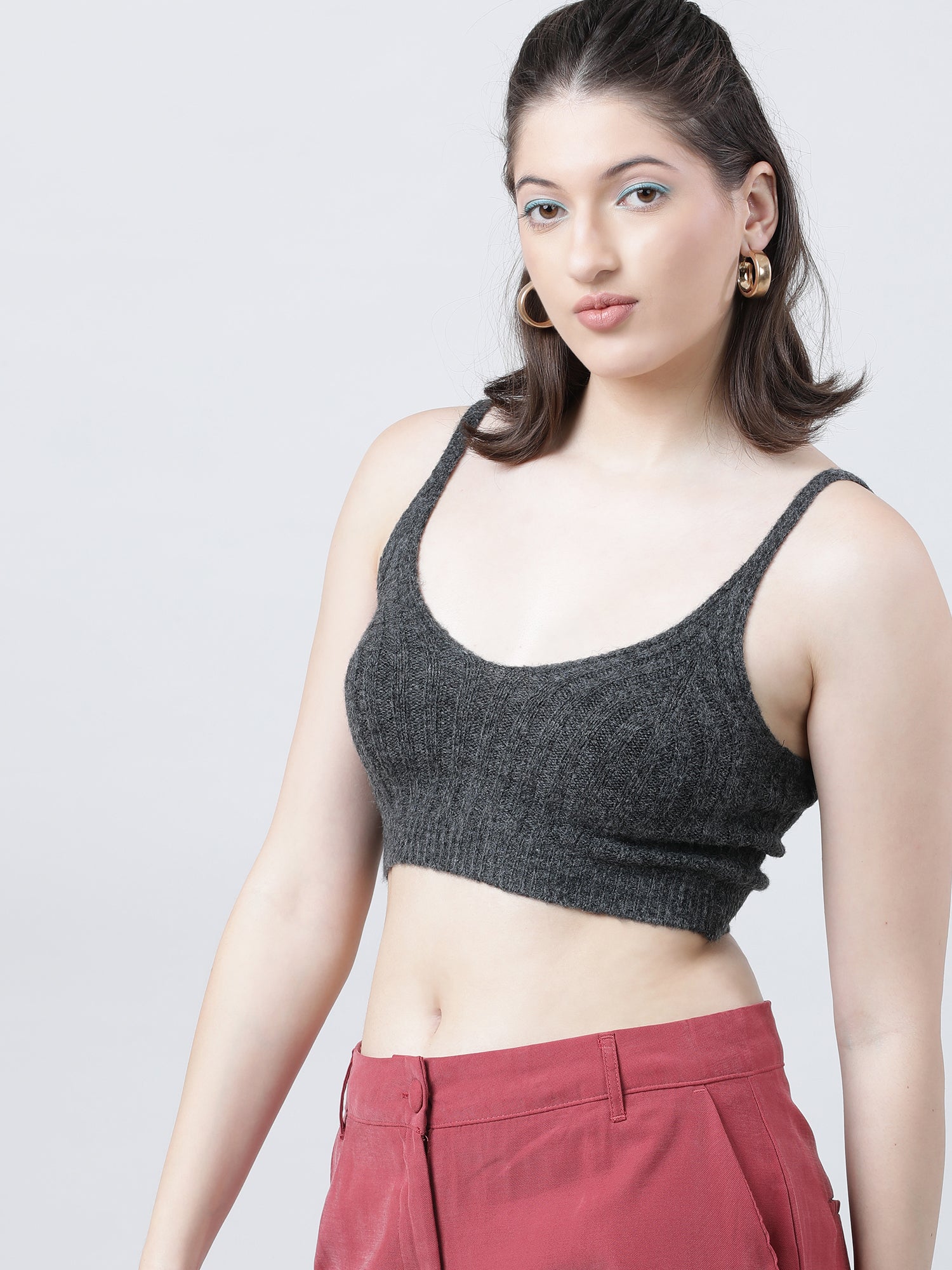 Women Slim Fit Light Dark Grey Ribbed Strappy Crop Top