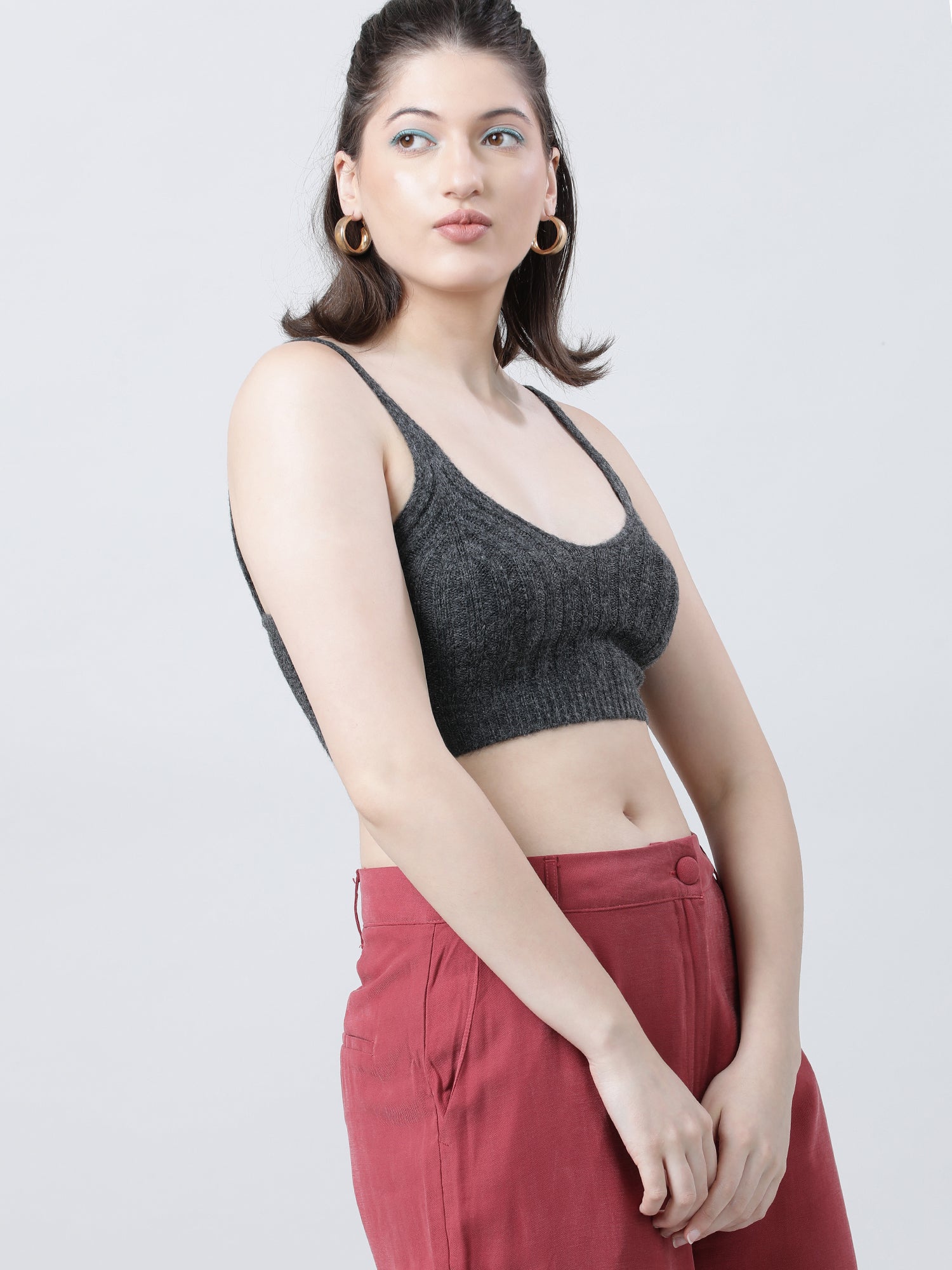 Women Slim Fit Light Dark Grey Ribbed Strappy Crop Top