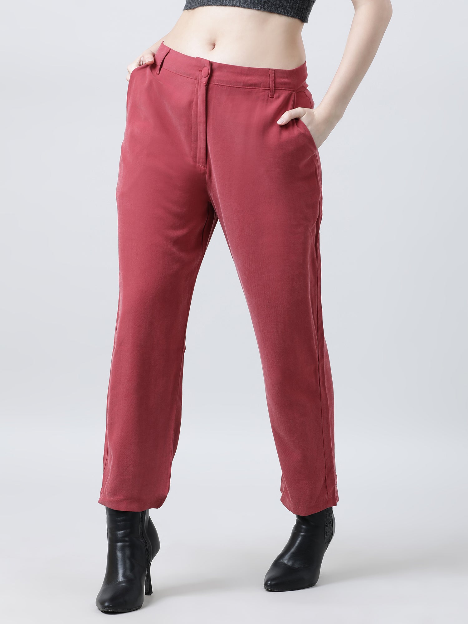 Women Regular Fit Mid Rise Solid Maroon Pants