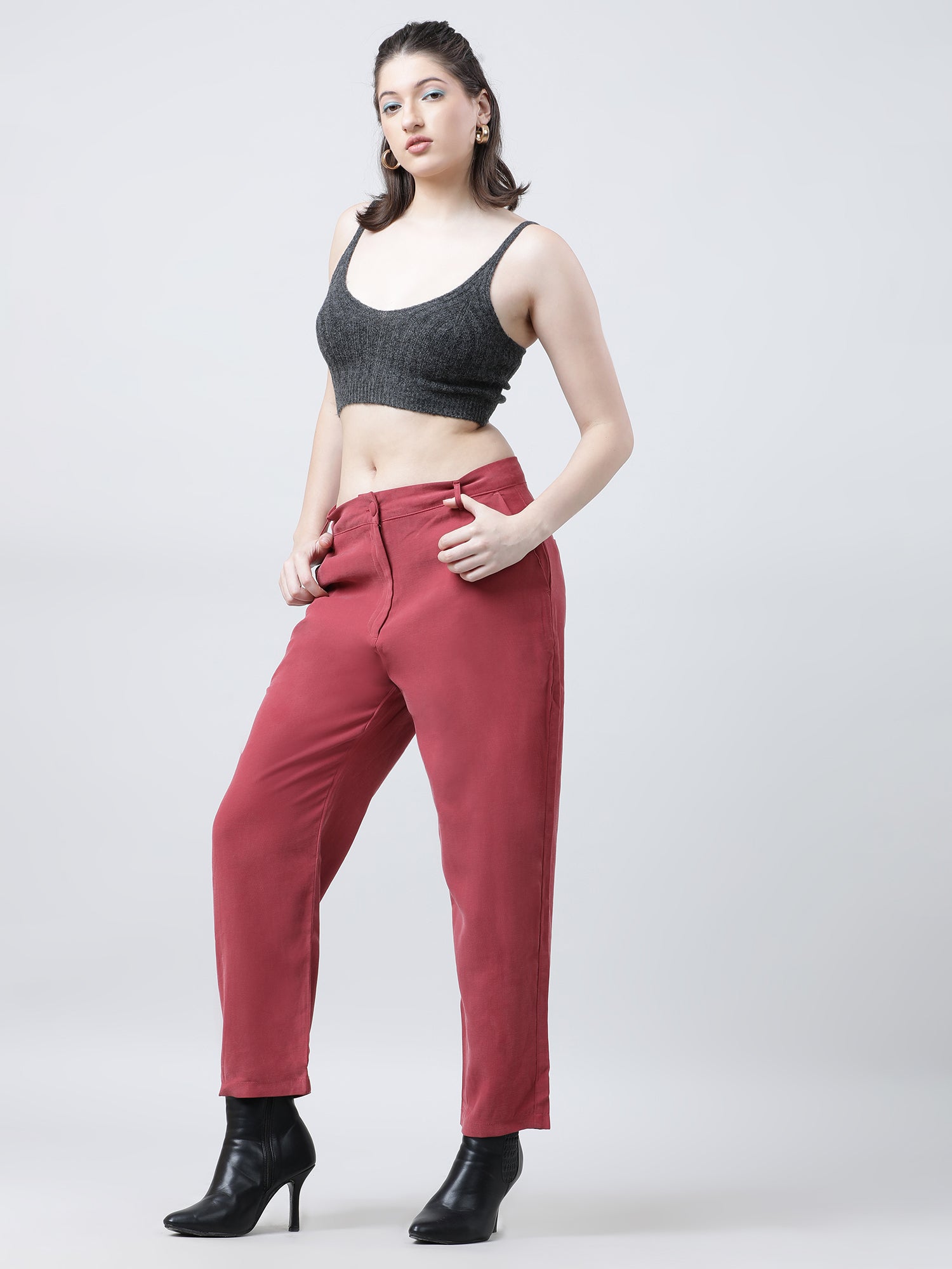 Women Regular Fit Mid Rise Solid Maroon Pants