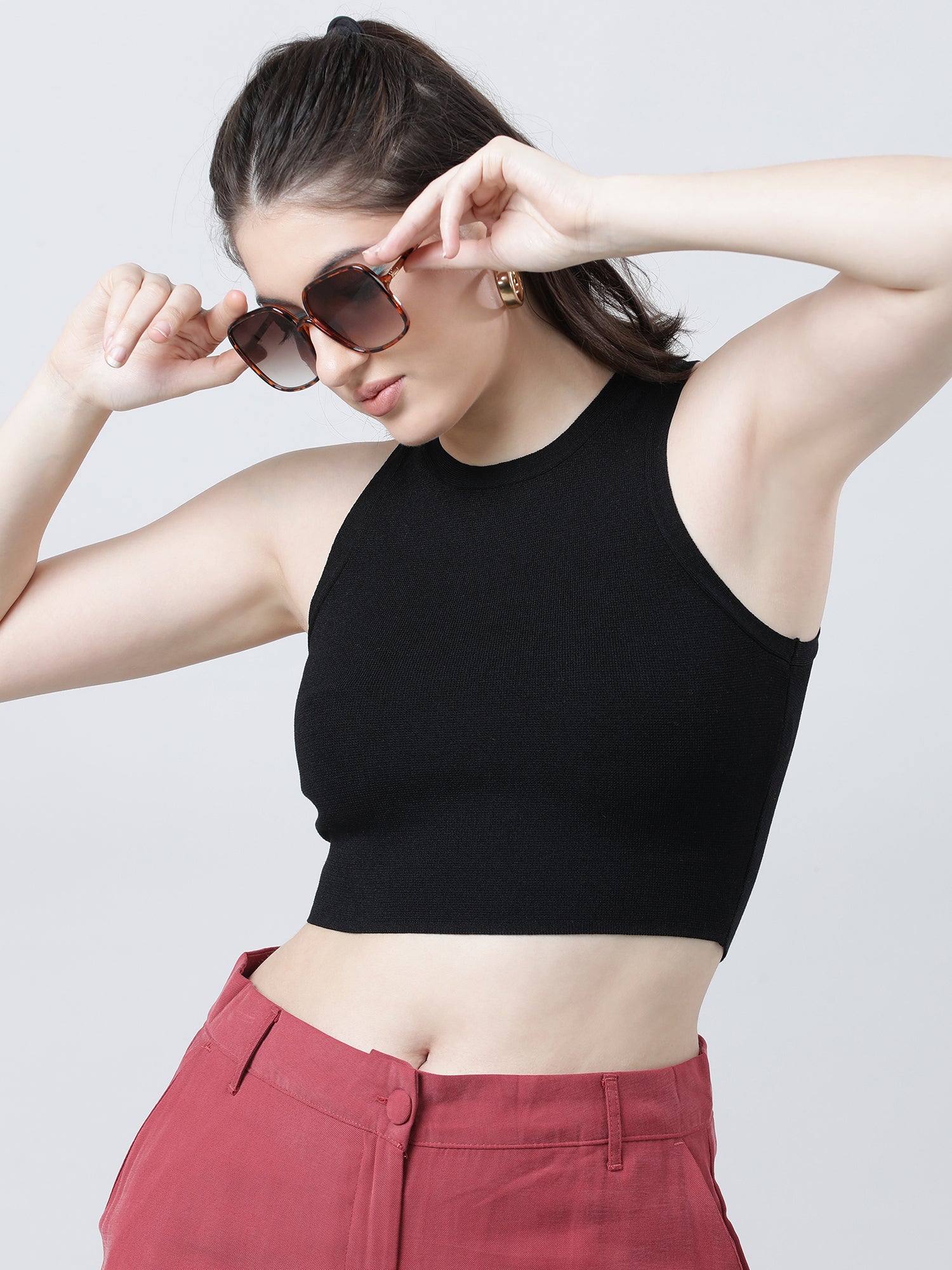 Women Slim Fit Black Sleeveless Crop Top