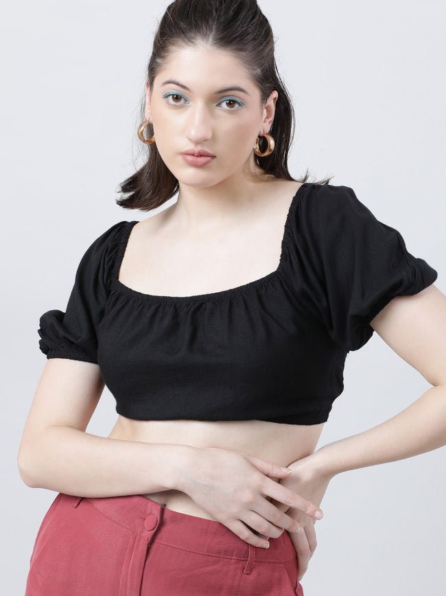 Women Black Solid Crop Top with Back Tie Up