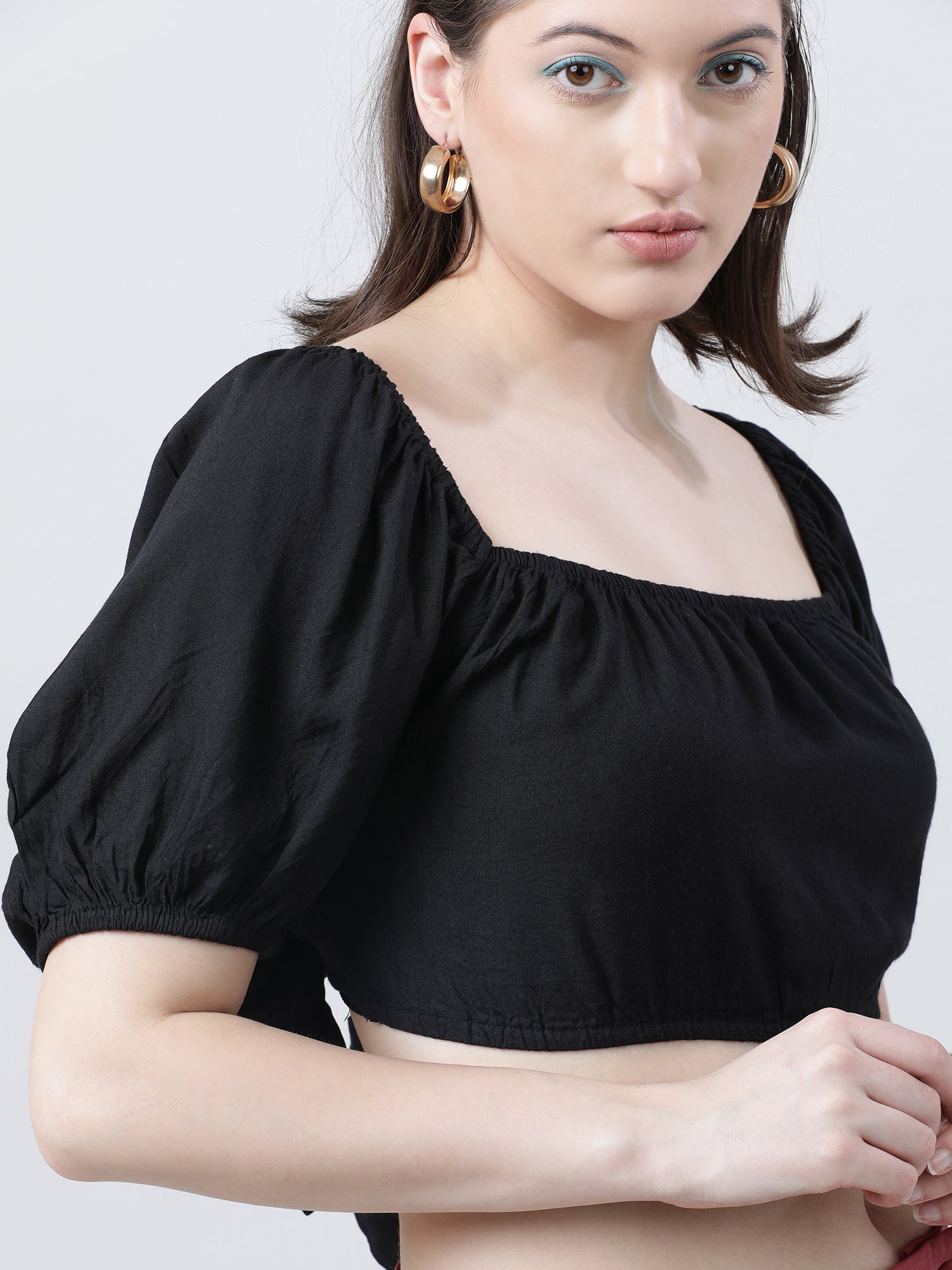 Black Solid Crop Top with Back Tie Up