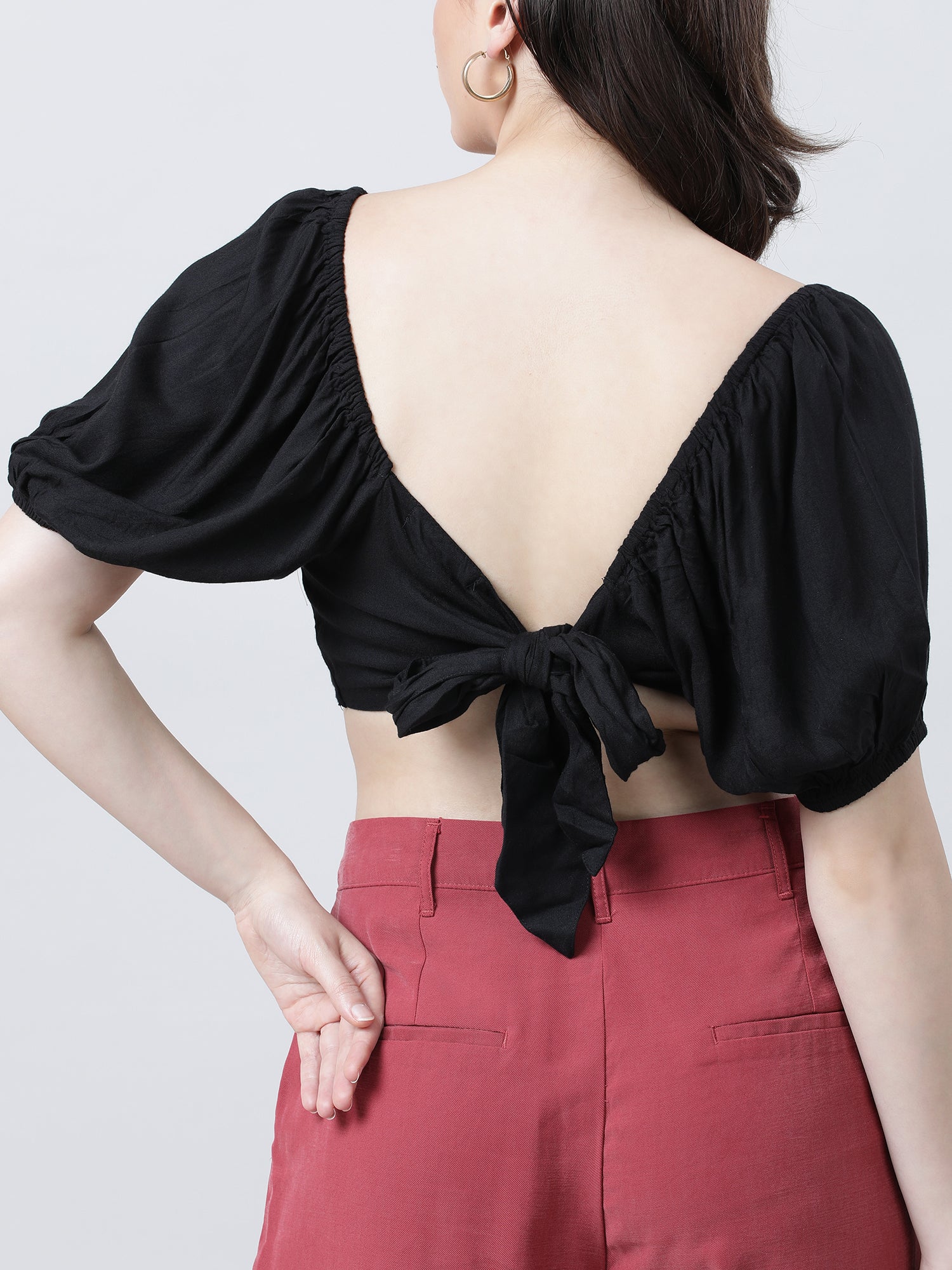 Black Solid Crop Top with Back Tie Up