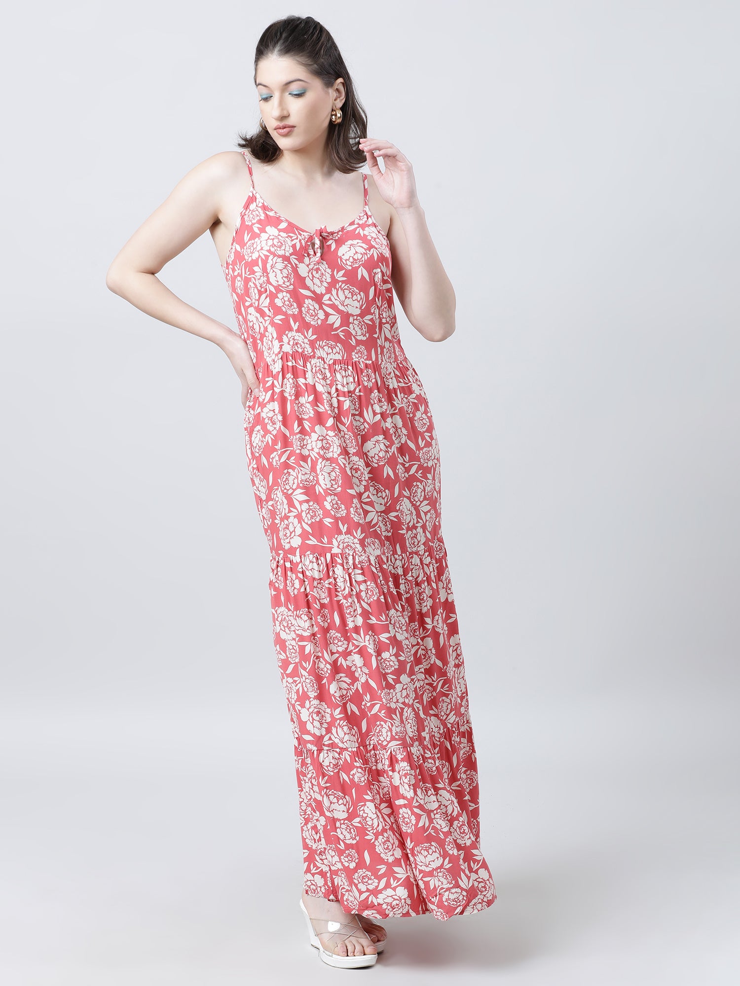 Women Regular Fit Floral Print Coral A Line Dress