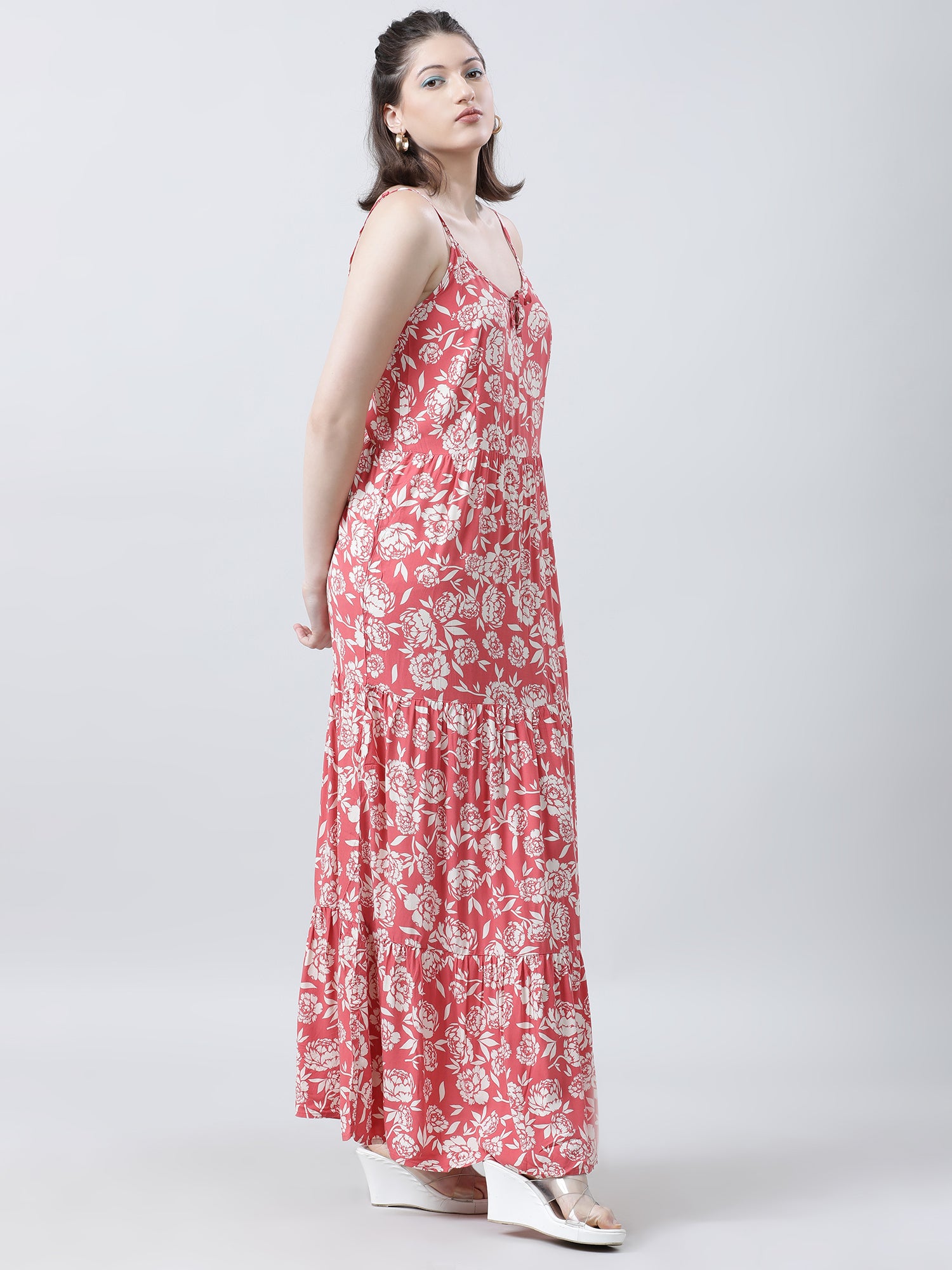 Women Regular Fit Floral Print Coral A Line Dress