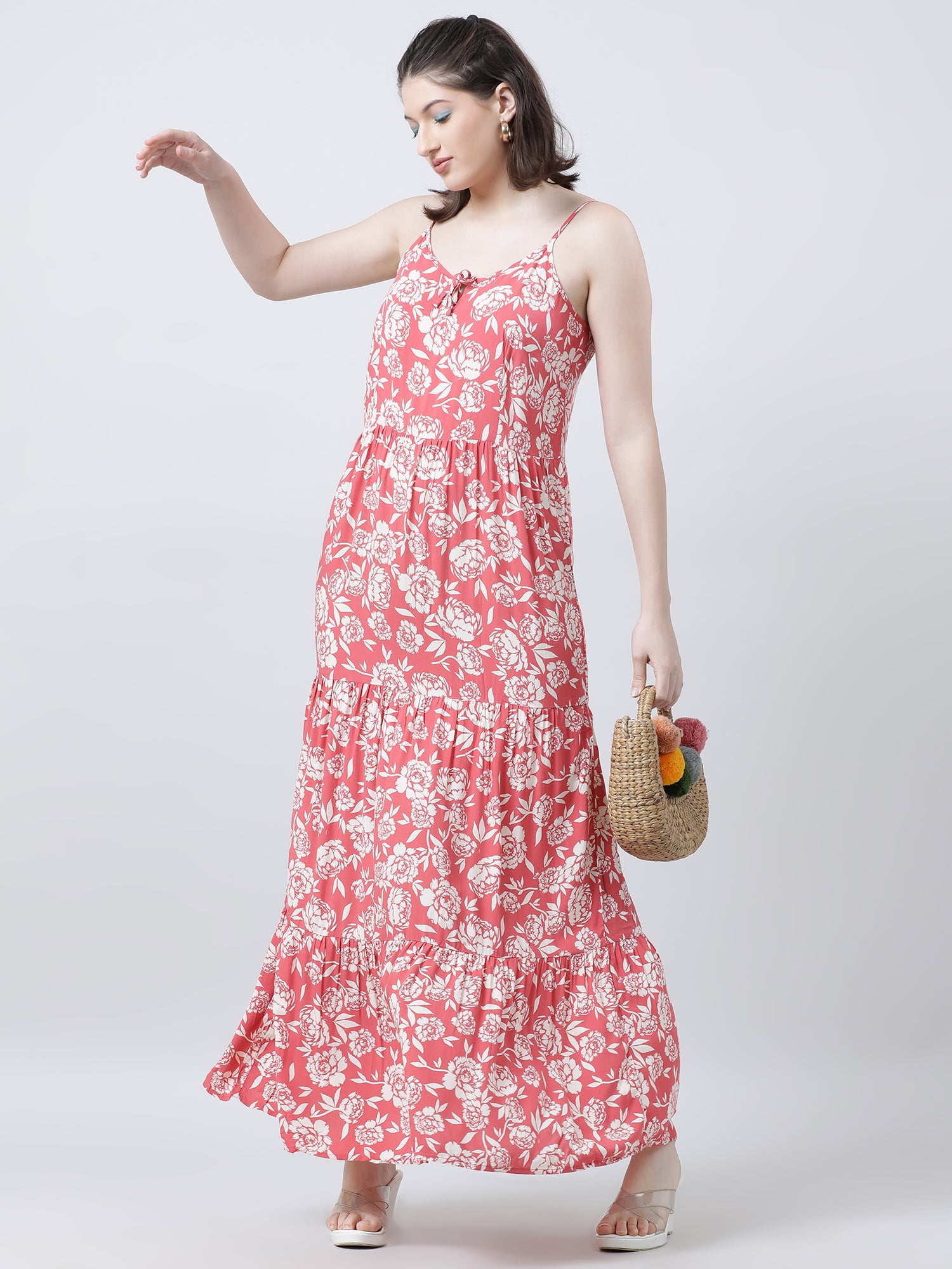 Women Regular Fit Floral Print Coral A Line Dress