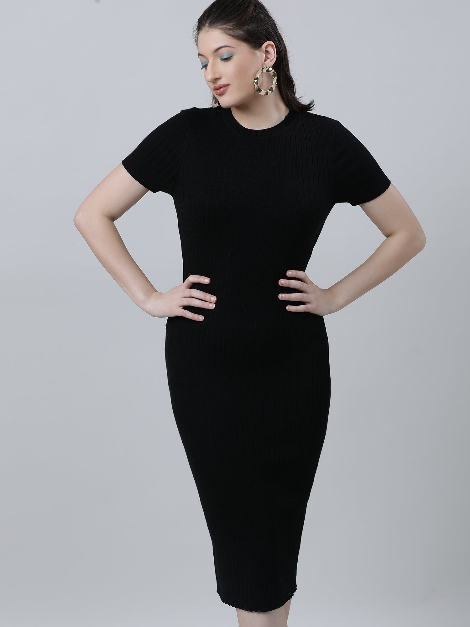 Women Slim Fit Black Bodycon Midi Dress