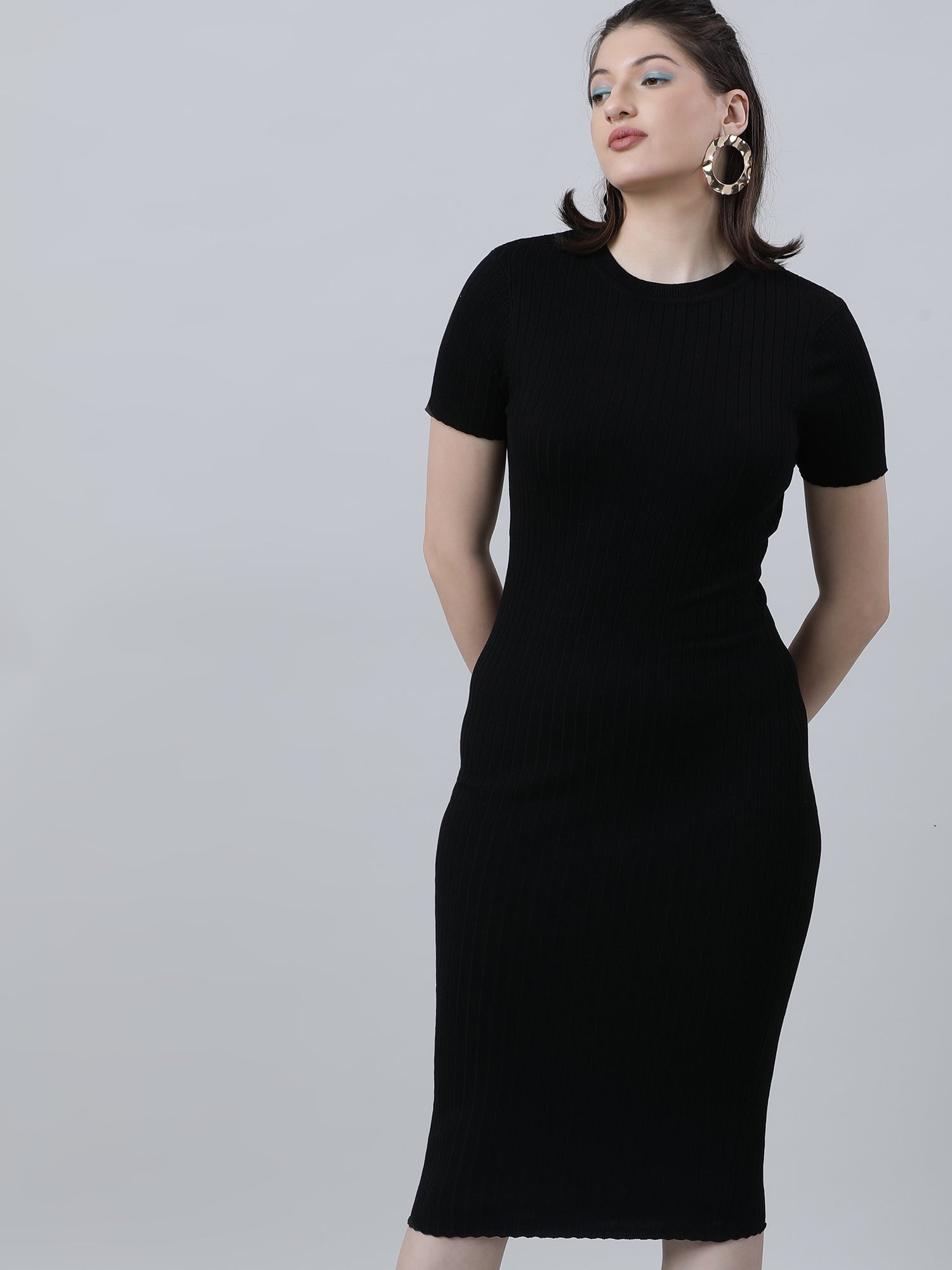 Women Slim Fit Black Bodycon Midi Dress