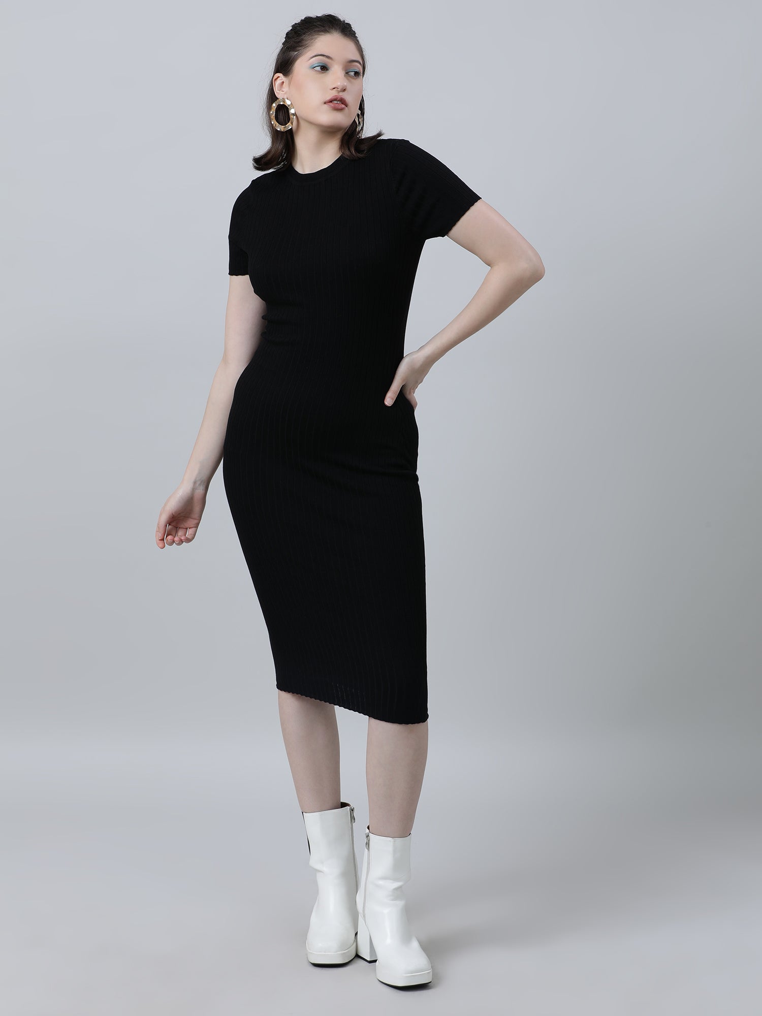 Women Slim Fit Black Bodycon Midi Dress