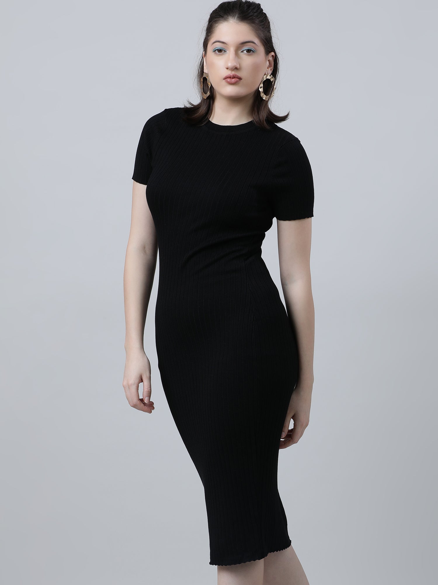 Women Slim Fit Black Bodycon Midi Dress