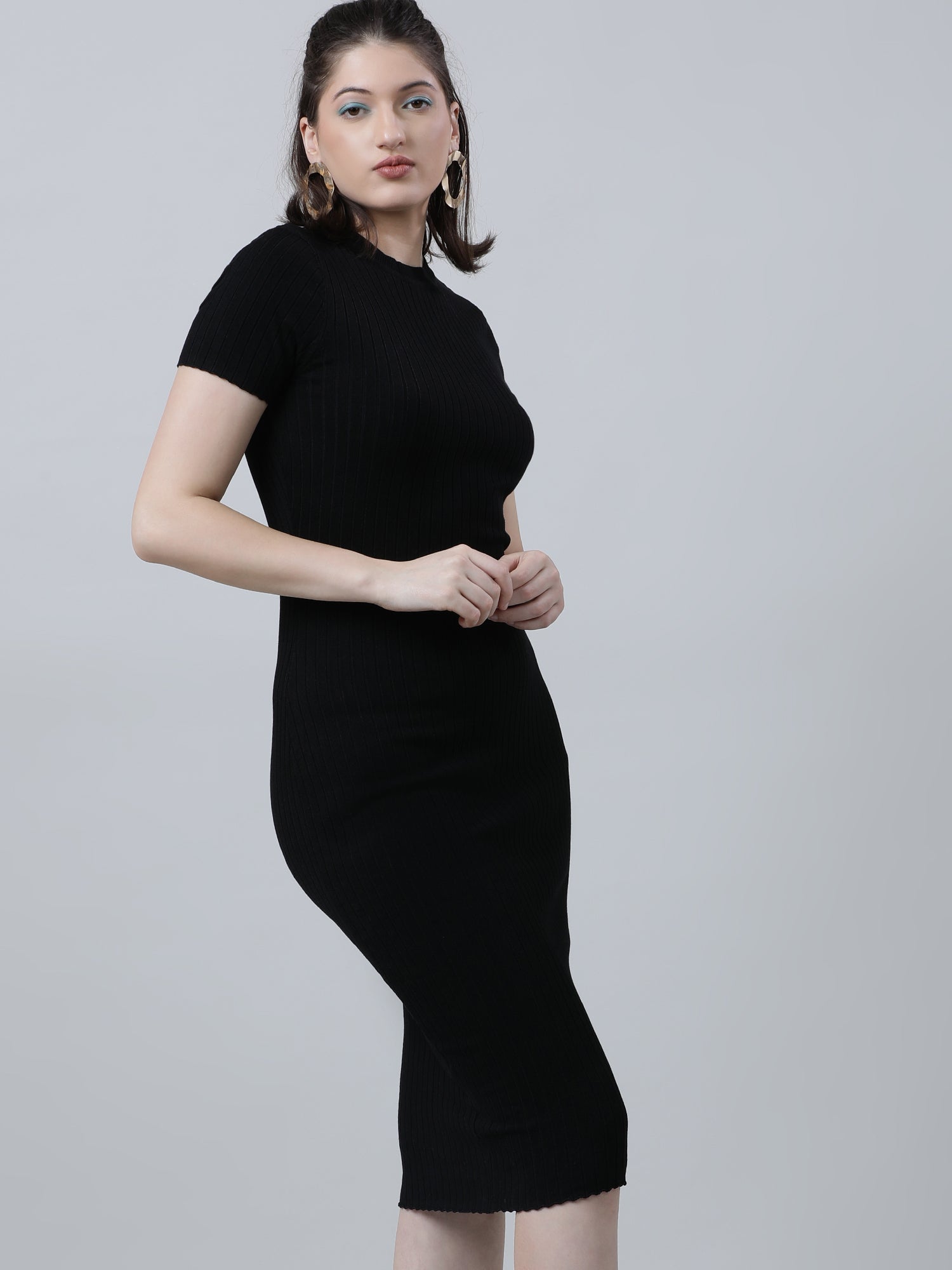 Women Slim Fit Black Bodycon Midi Dress