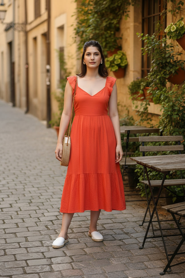 Women Regular Fit Orange Summer Midi Dress