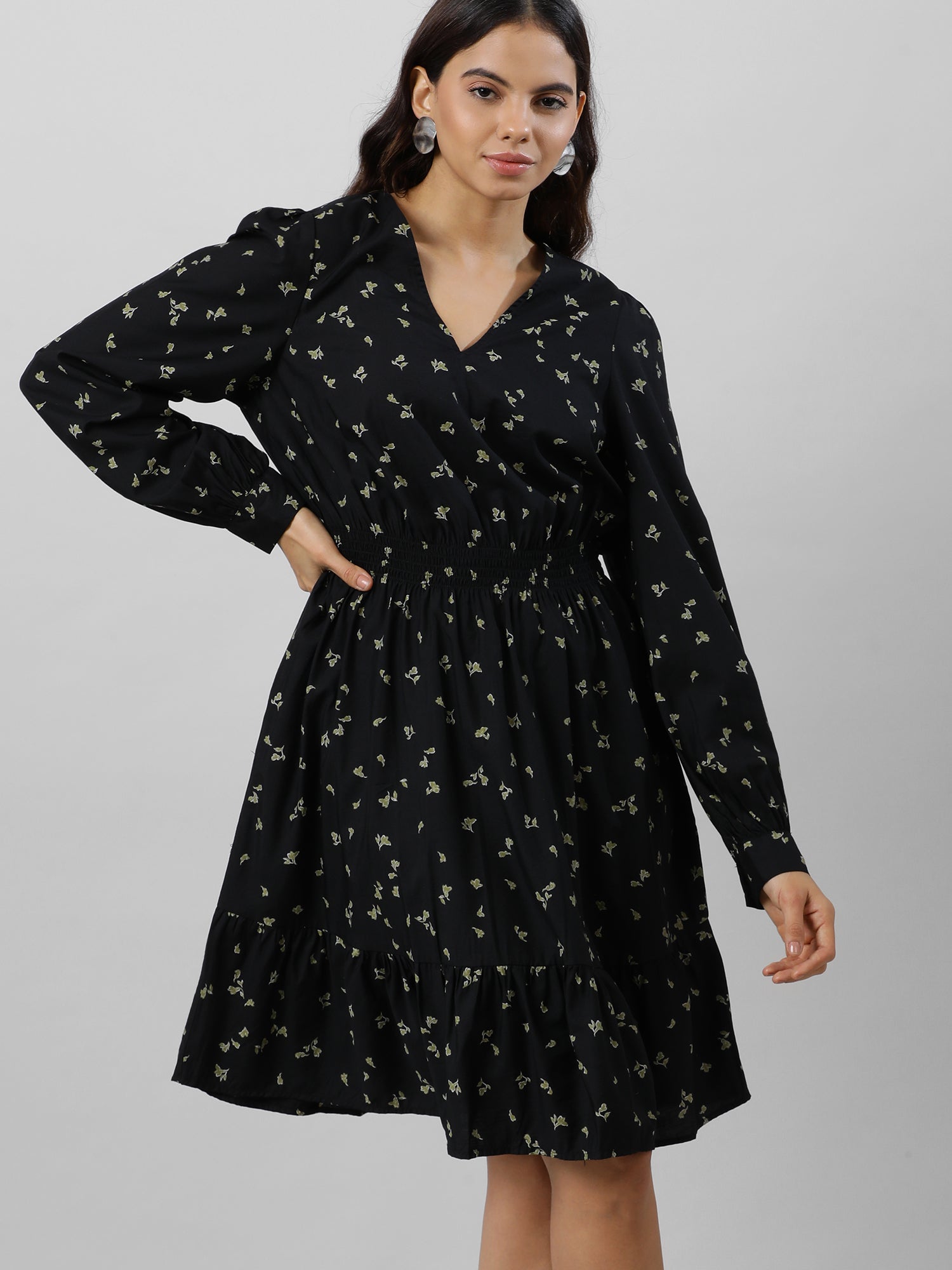 Casual Black Floral Print Dress
