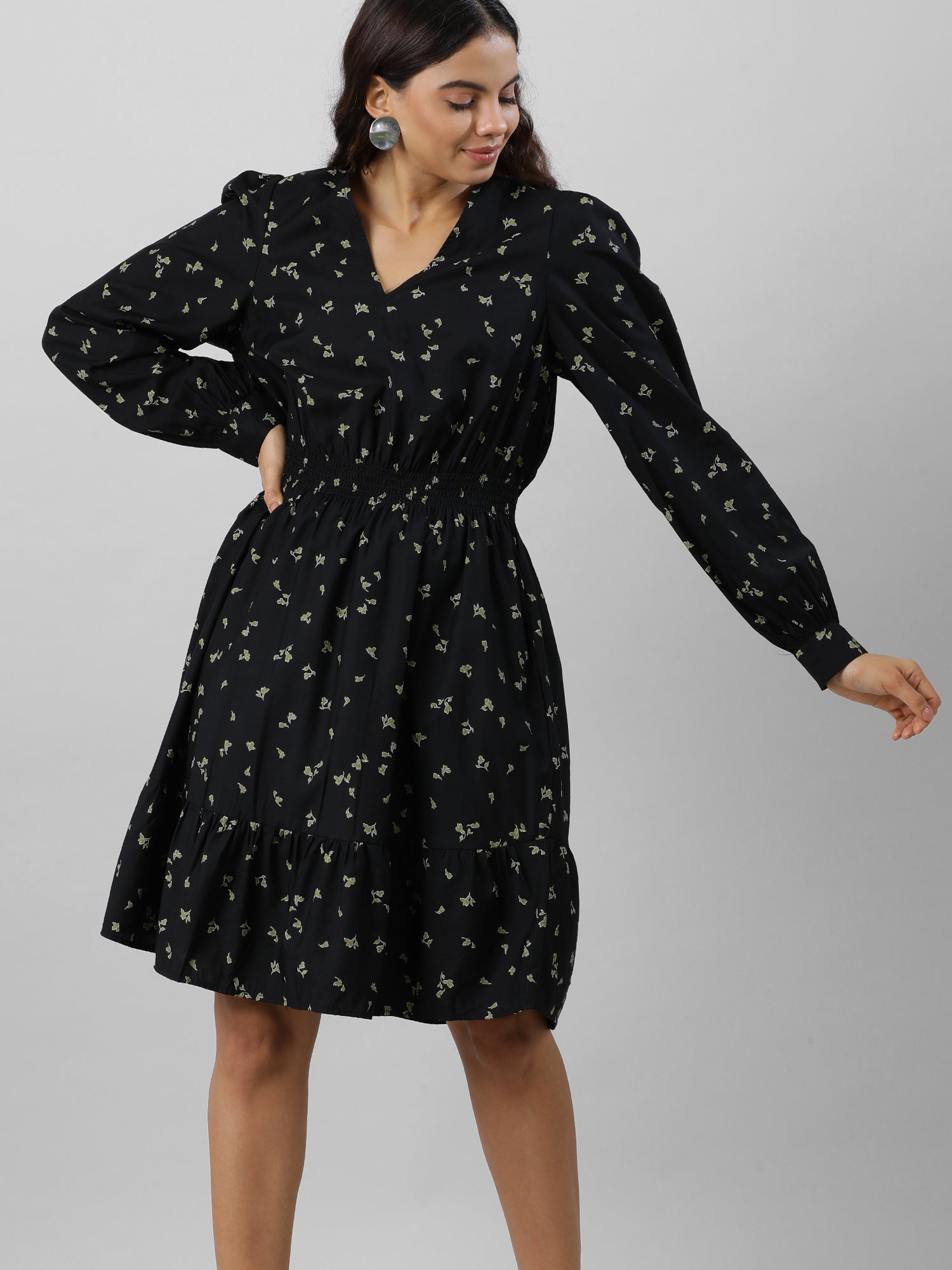 Casual Black Floral Print Dress