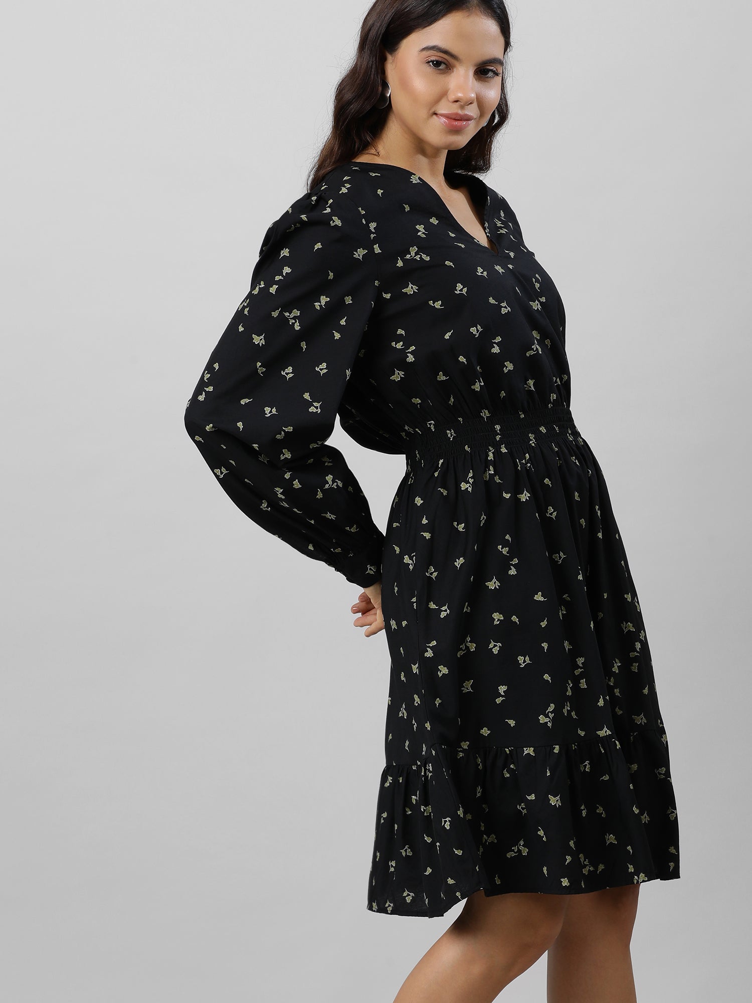 Casual Black Floral Print Dress