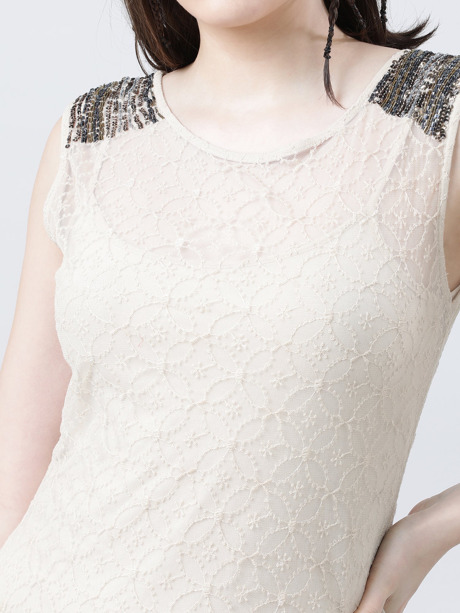 Women Slim Fit Cream Embellished Lace Dress