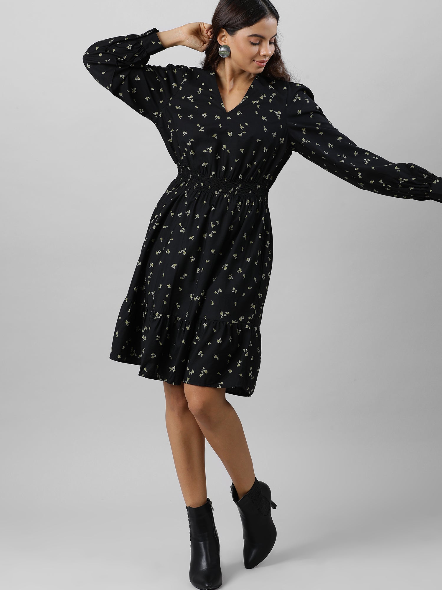 Casual Black Floral Print Dress