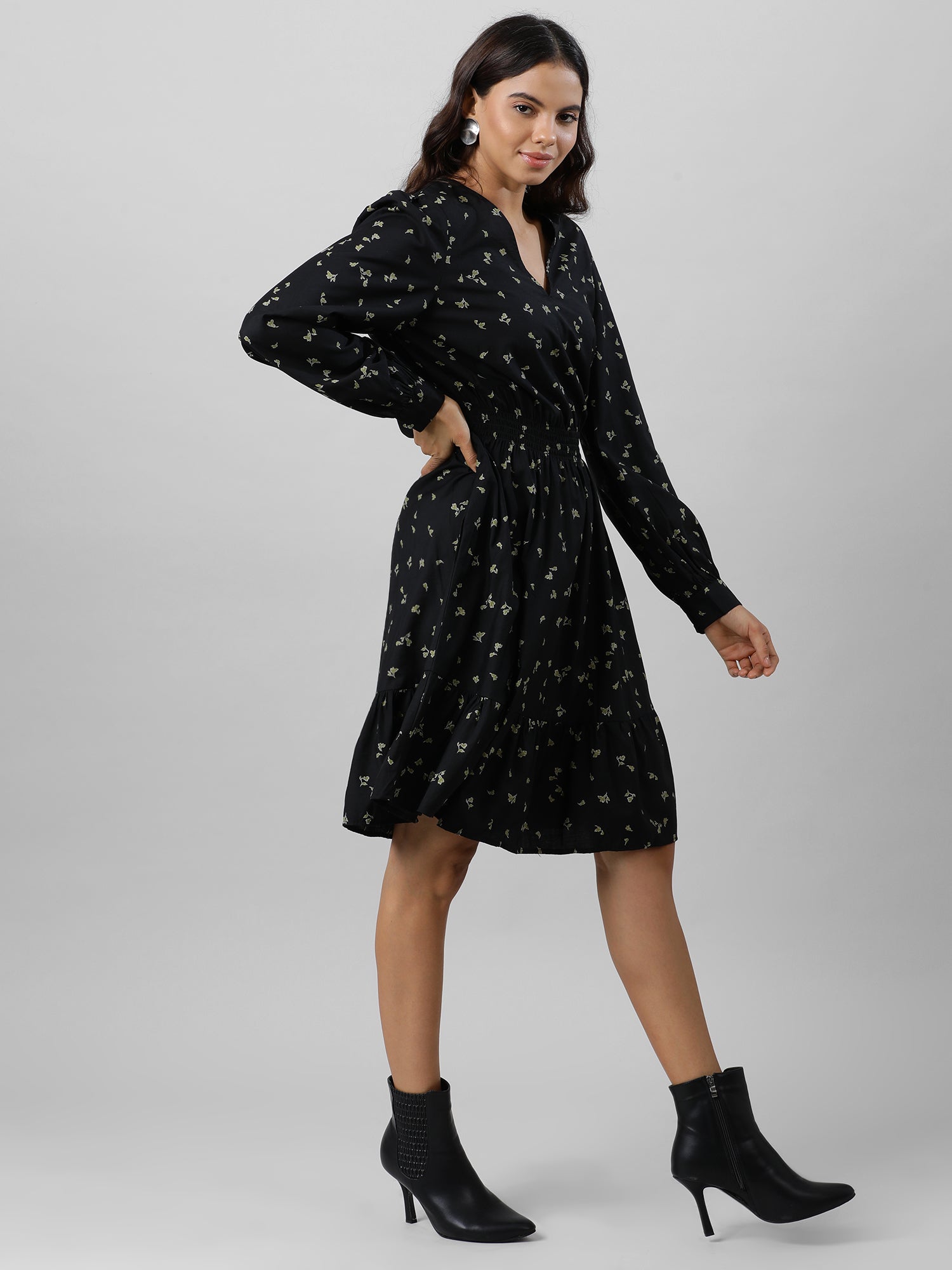 Casual Black Floral Print Dress