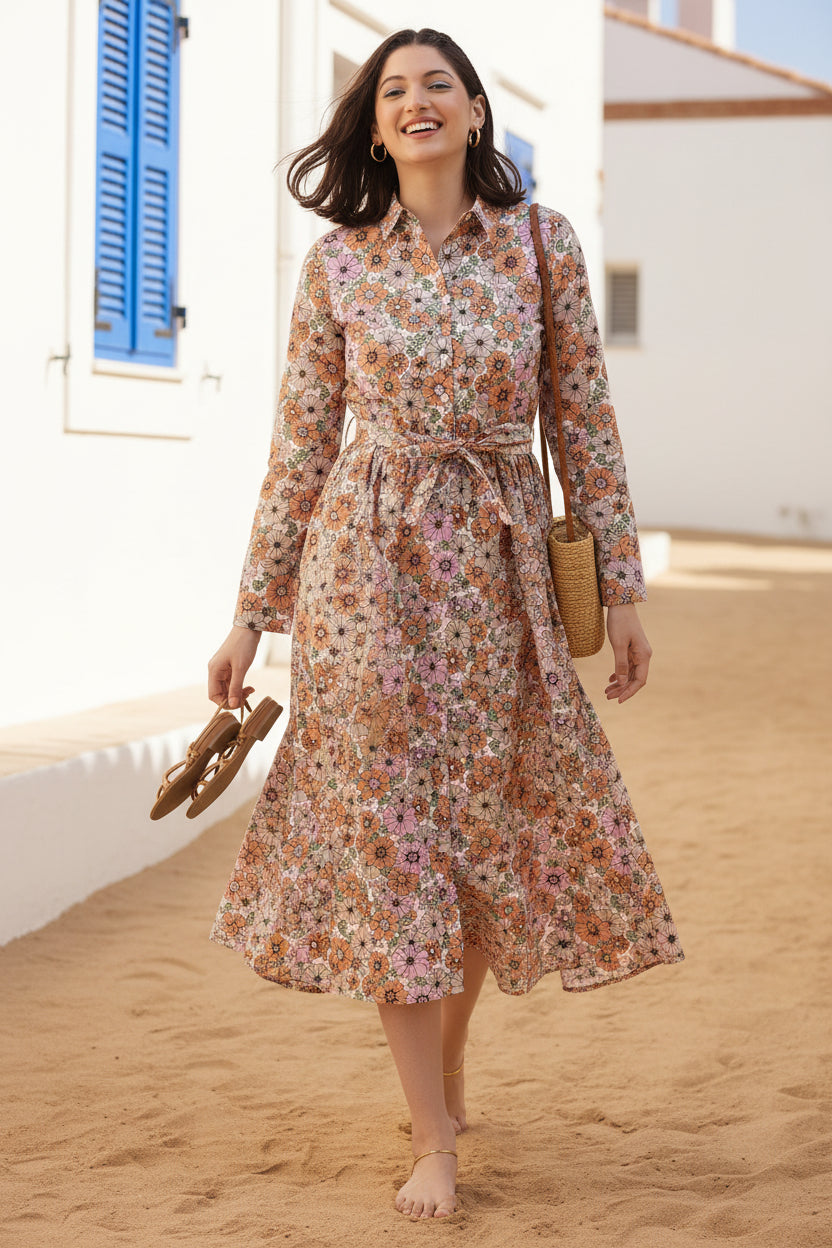 Women Regular Fit Floral Print Pink A Line Dress With Belt