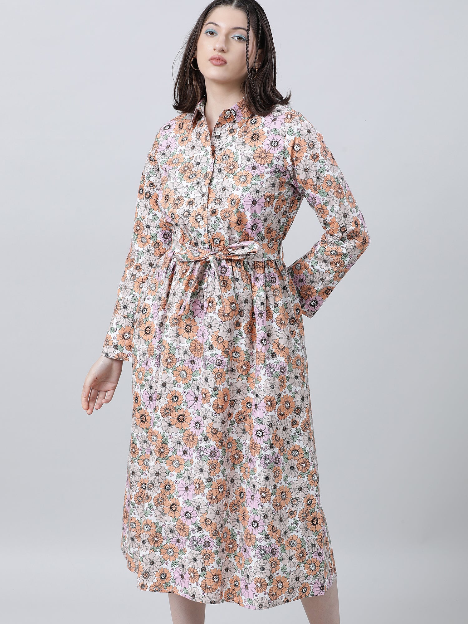 Women Regular Fit Floral Print Pink A Line Dress With Belt