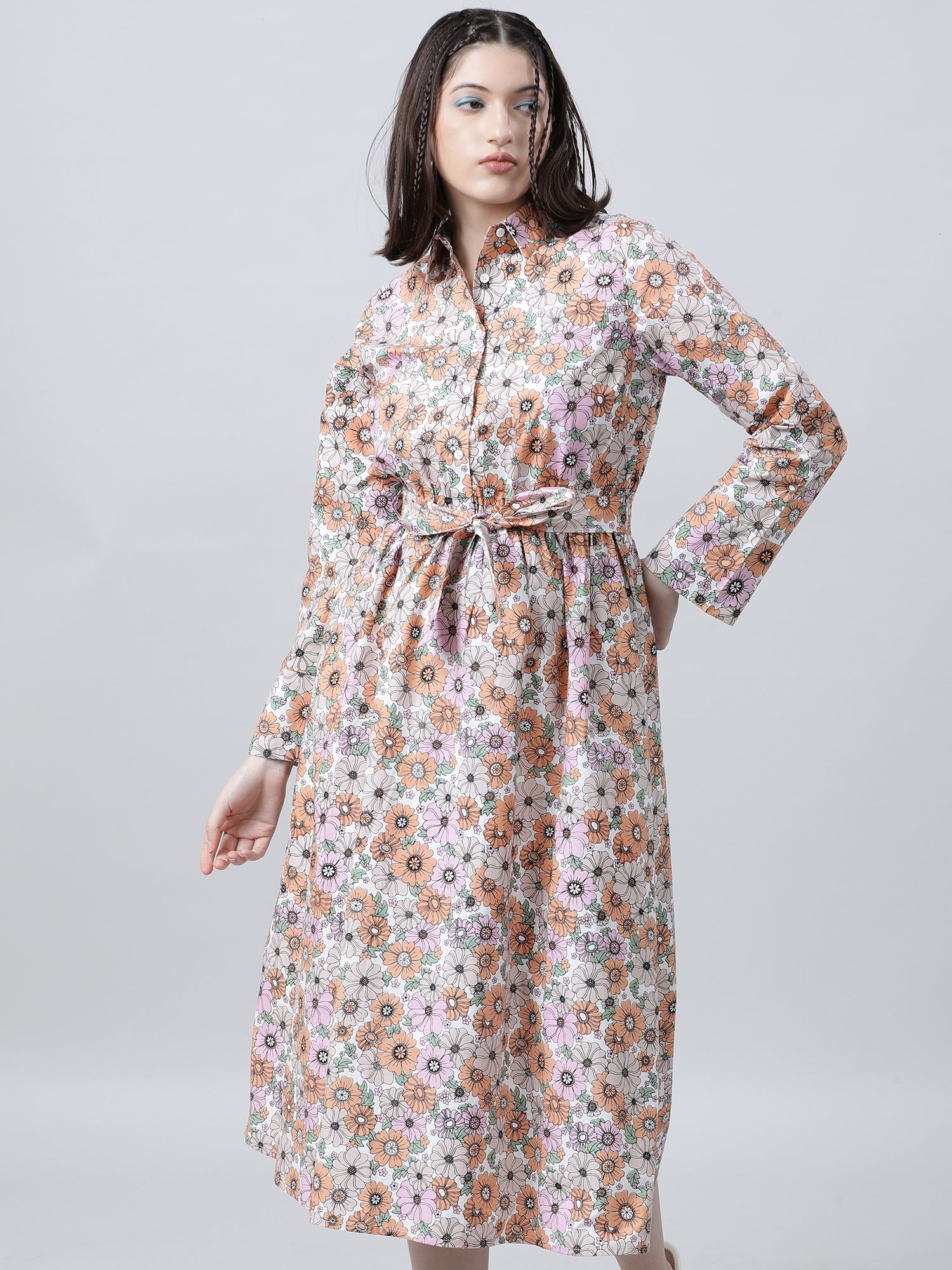 Women Regular Fit Floral Print Pink A Line Dress With Belt