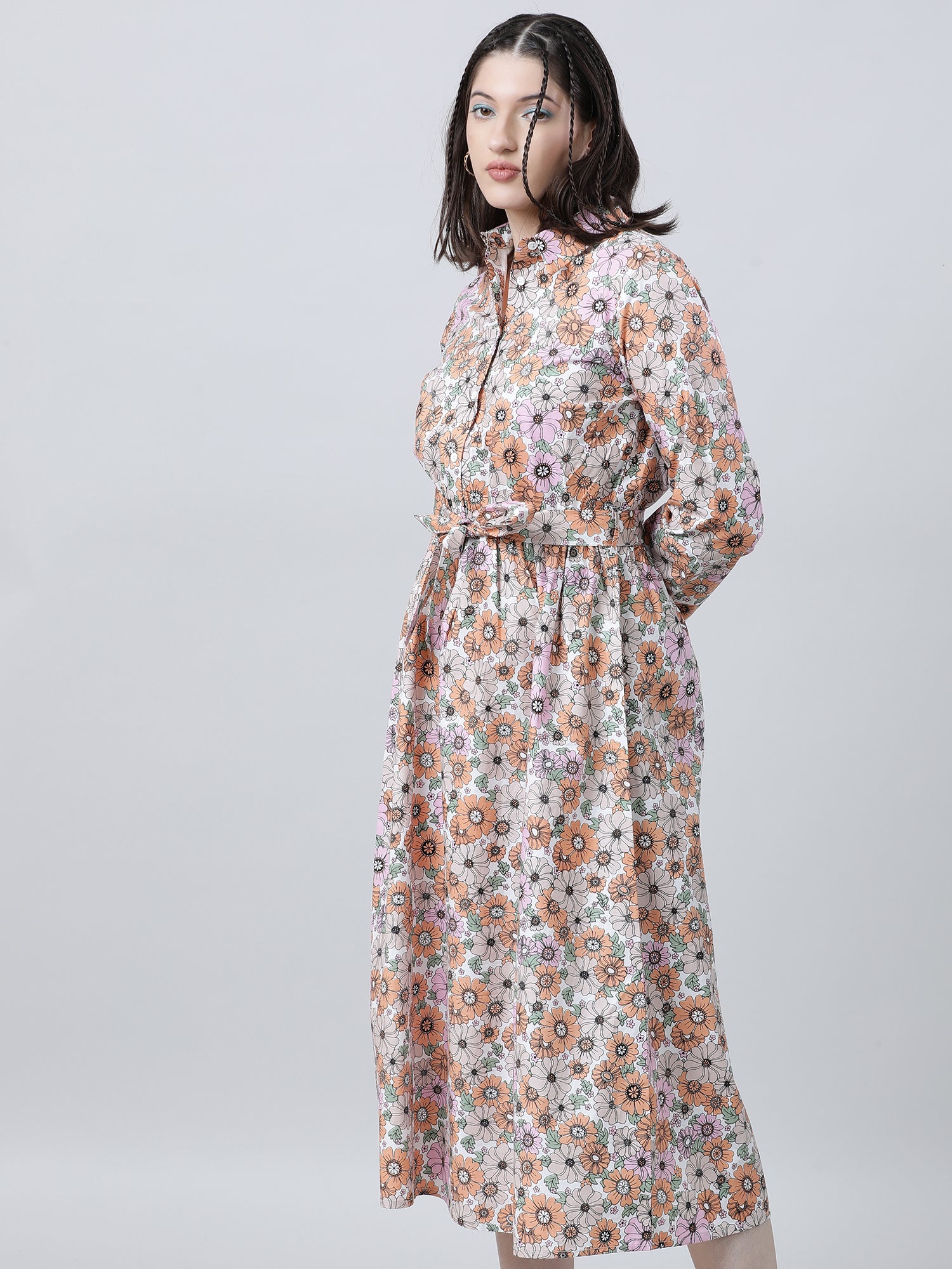 Women Regular Fit Floral Print Pink A Line Dress With Belt