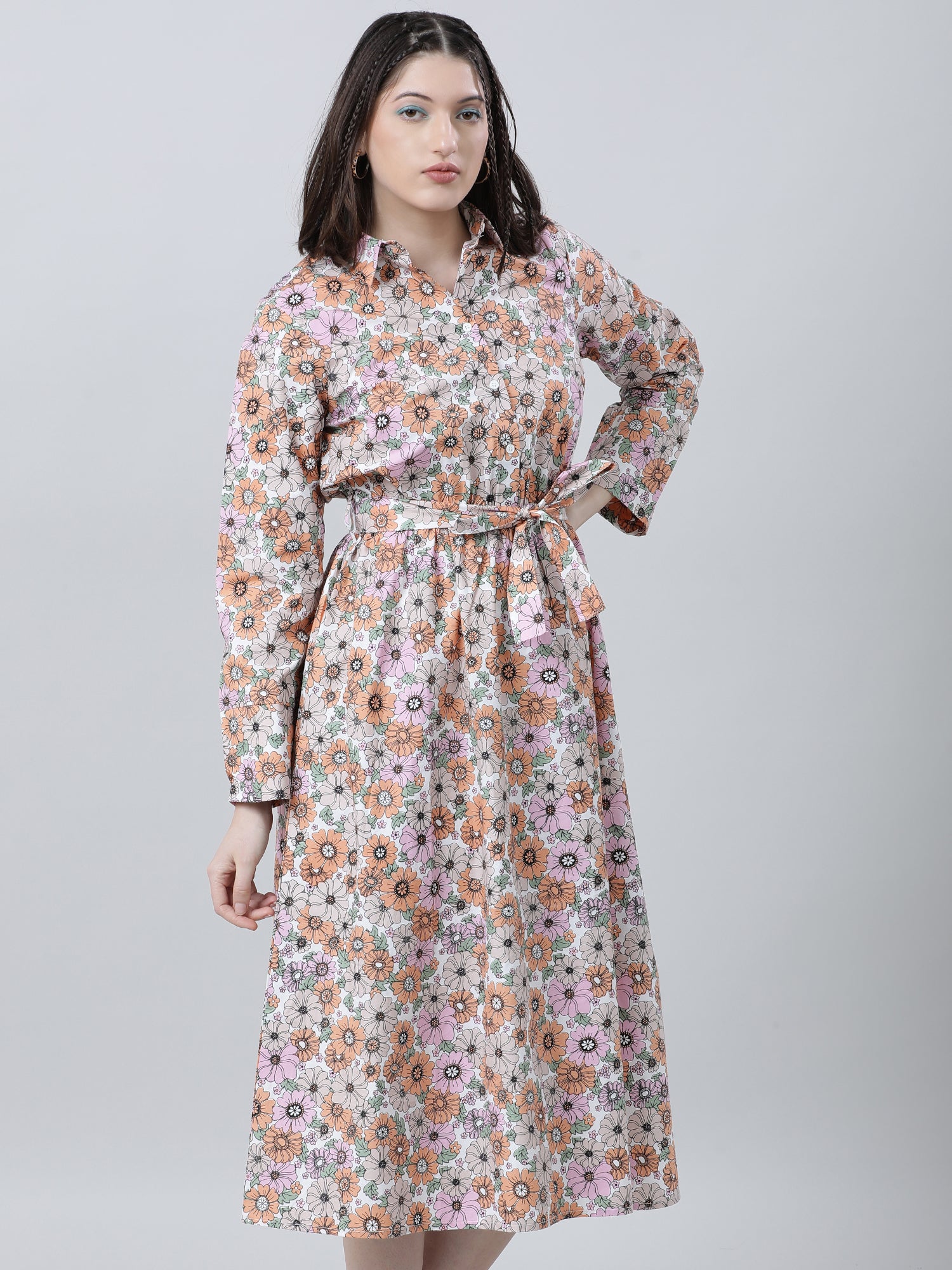 Women Regular Fit Floral Print Pink A Line Dress With Belt