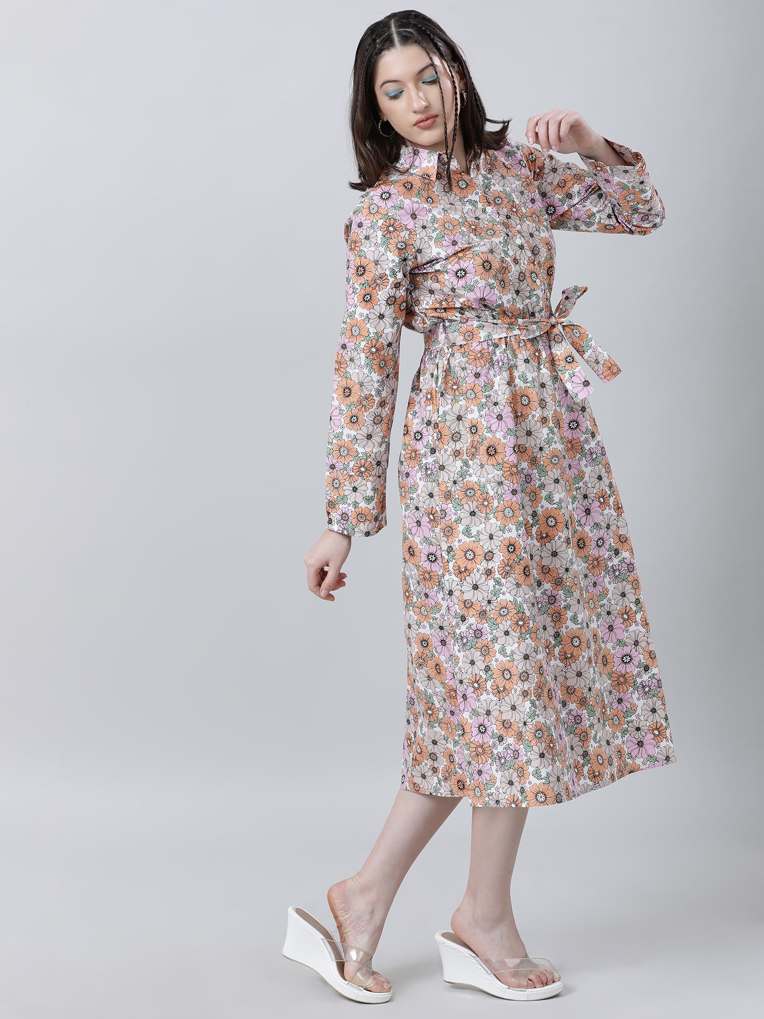 Women Regular Fit Floral Print Pink A Line Dress With Belt