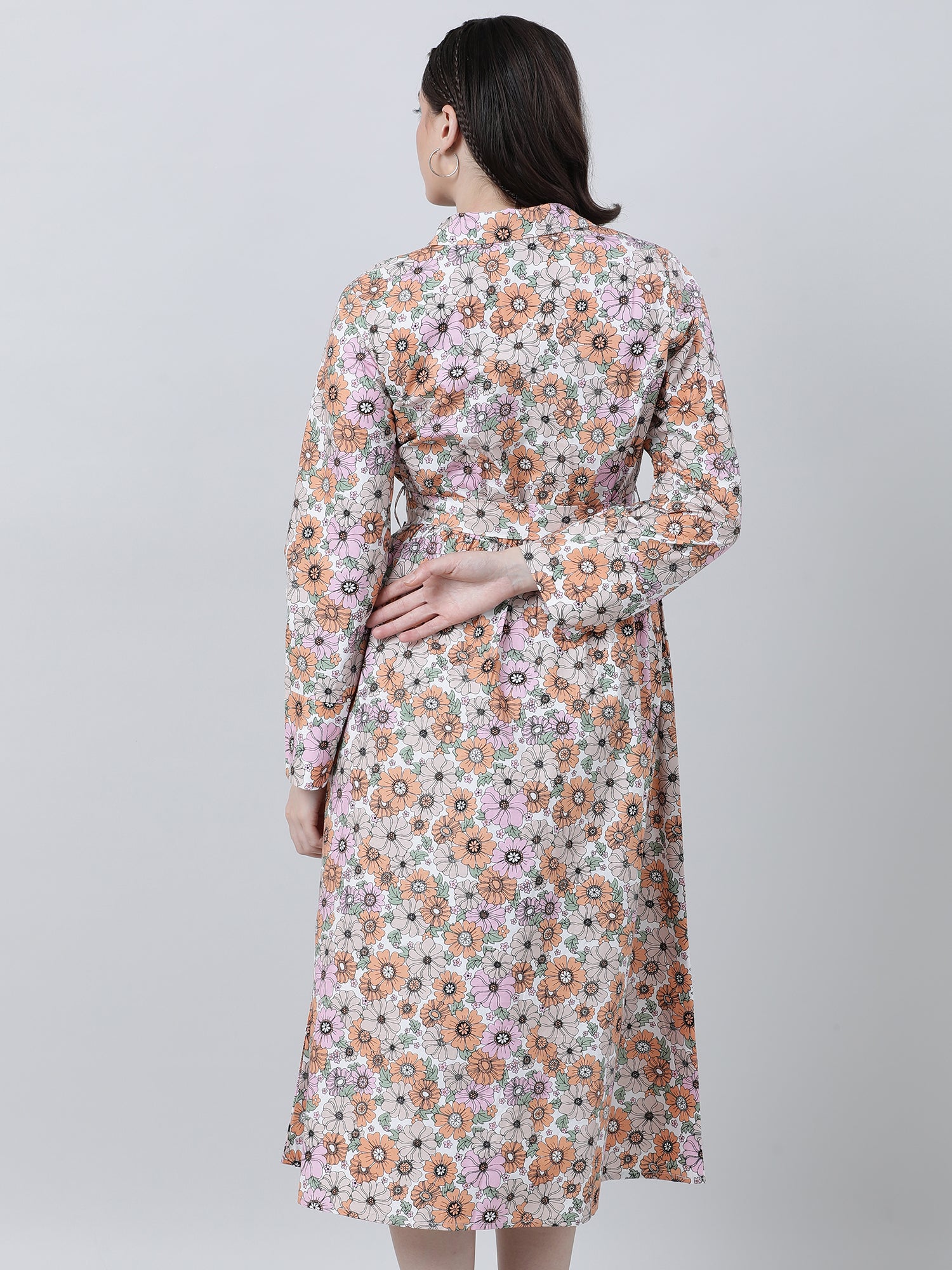 Women Regular Fit Floral Print Pink A Line Dress With Belt