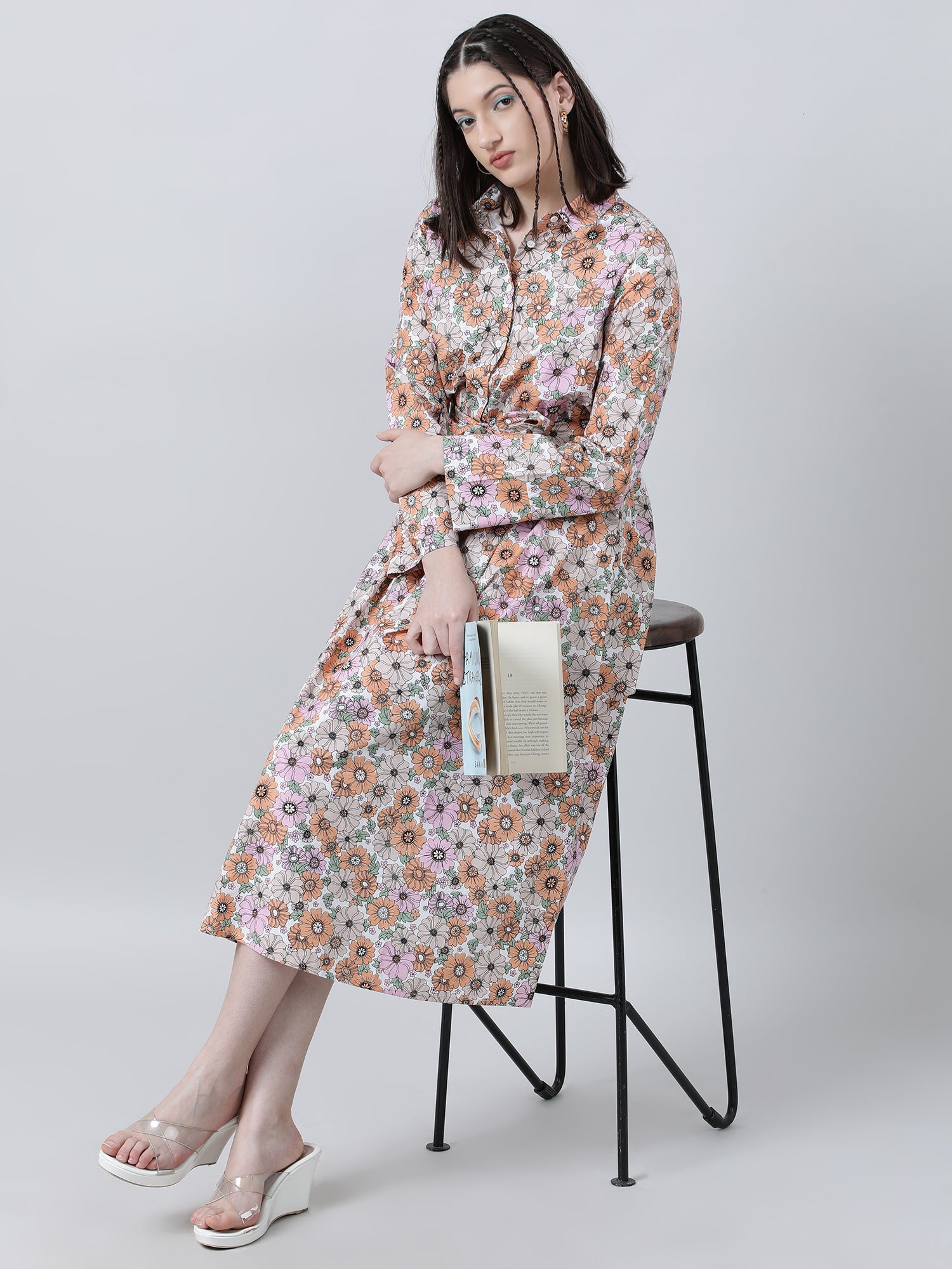 Women Regular Fit Floral Print Pink A Line Dress With Belt