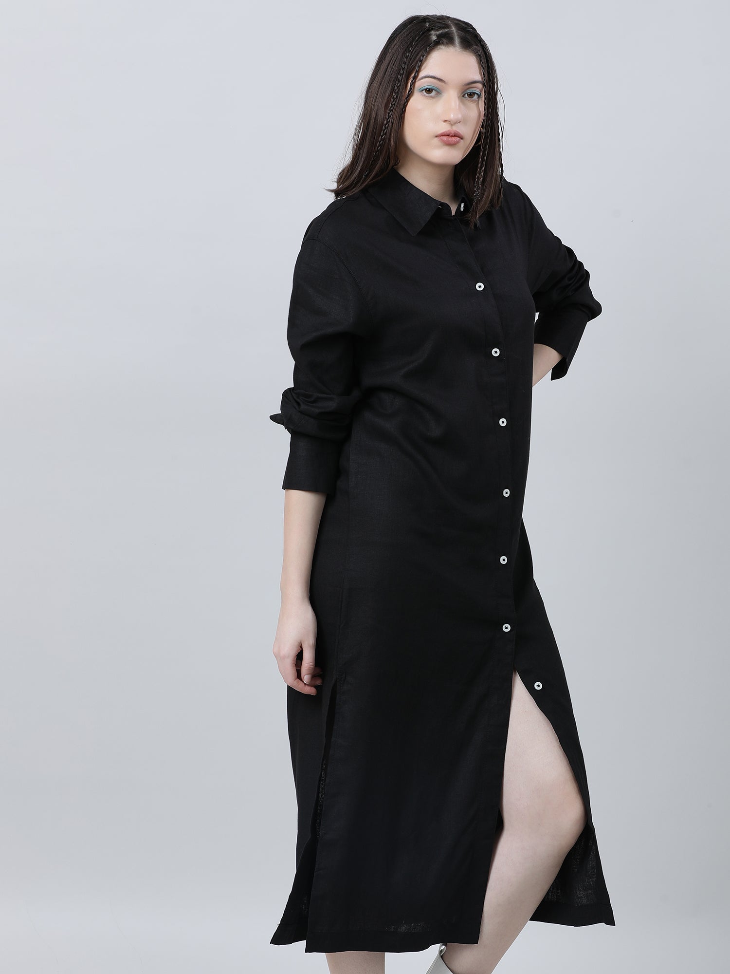 Women Regular Fit Black Button Down Shirt Dress