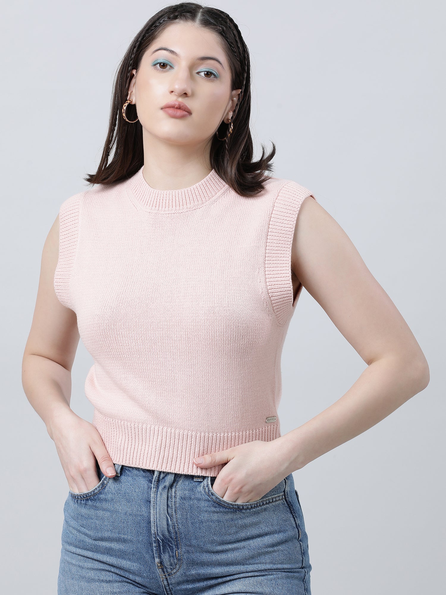 Women Slim Fit Pink Sleeveless Knitted Top