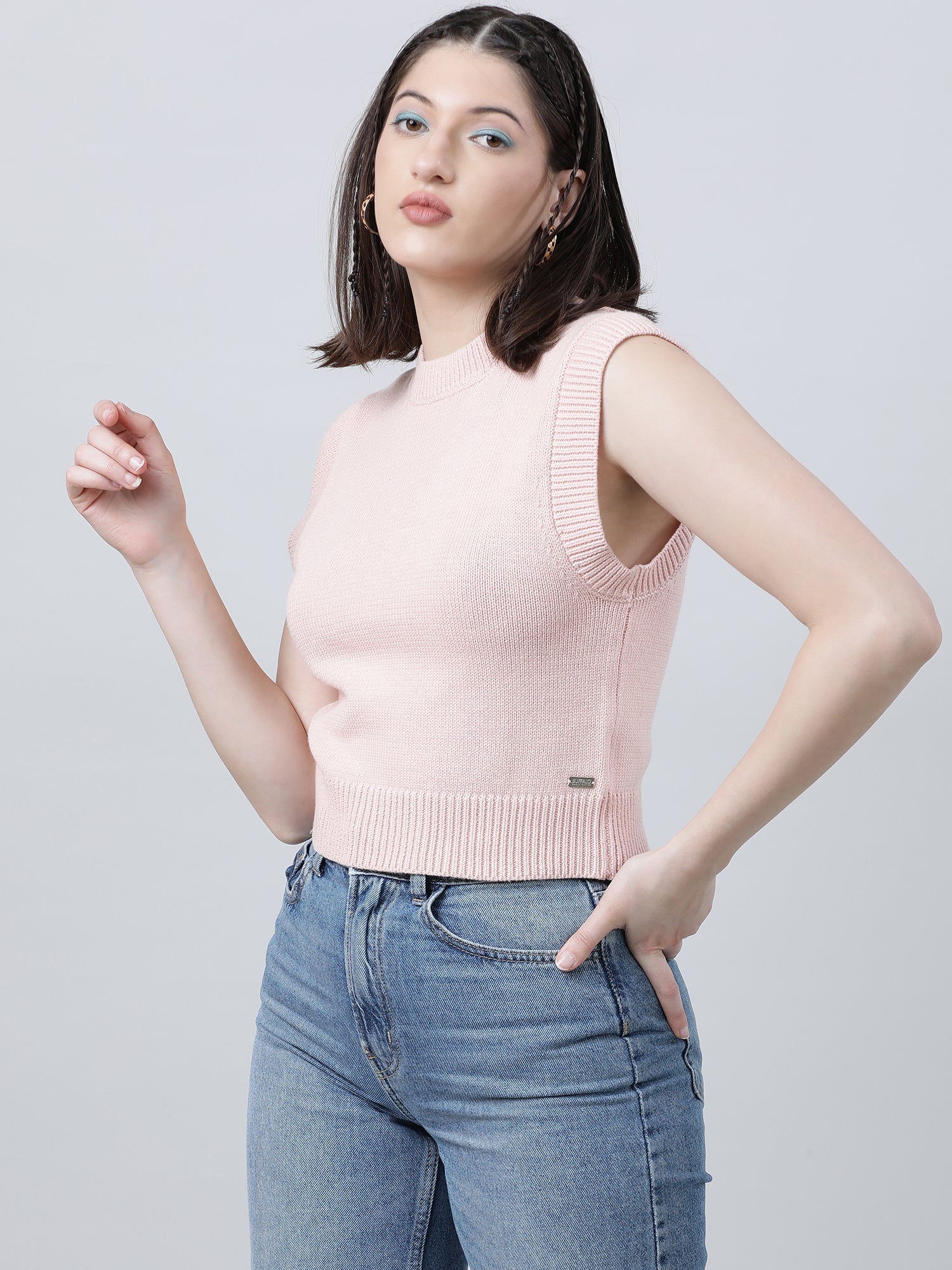 Women Slim Fit Pink Sleeveless Knitted Top