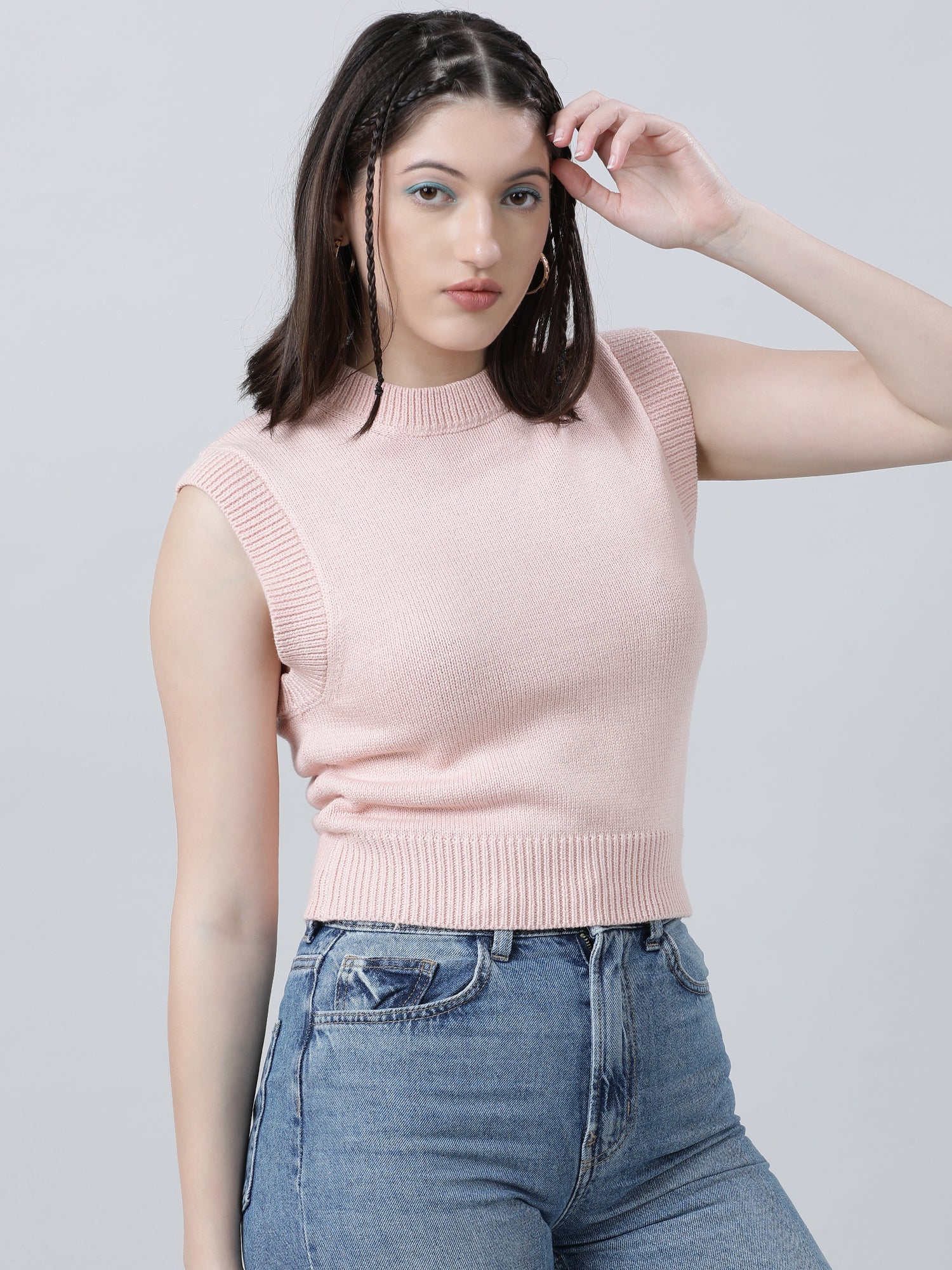 Women Slim Fit Pink Sleeveless Knitted Top