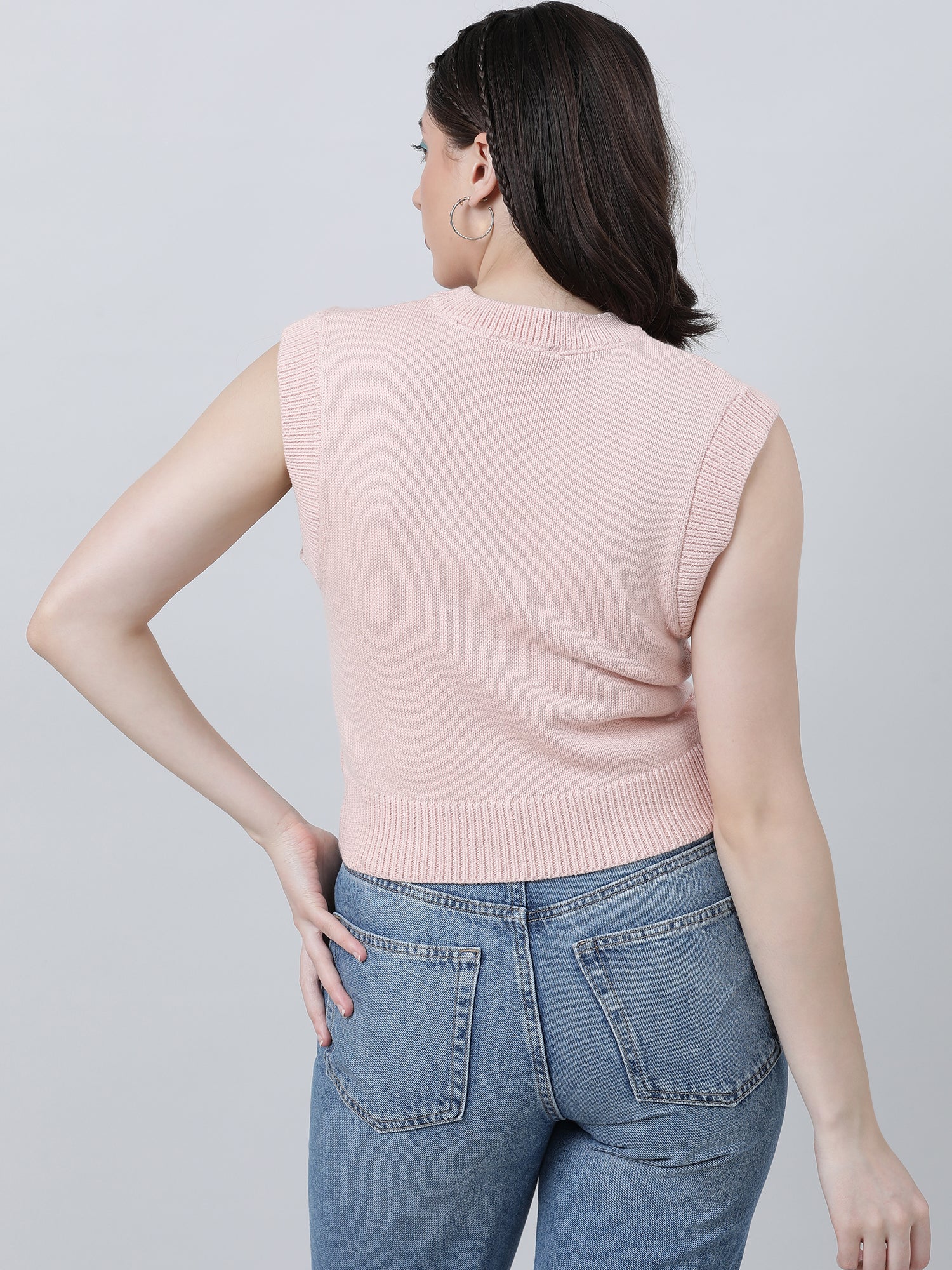 Women Slim Fit Pink Sleeveless Knitted Top