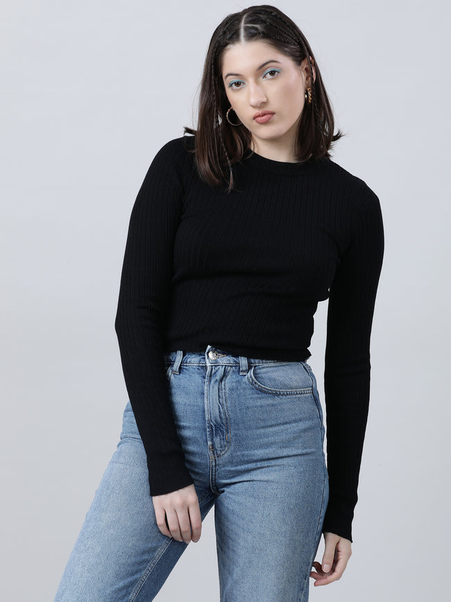 Women Regular Fit Black Ribbed T Shirt
