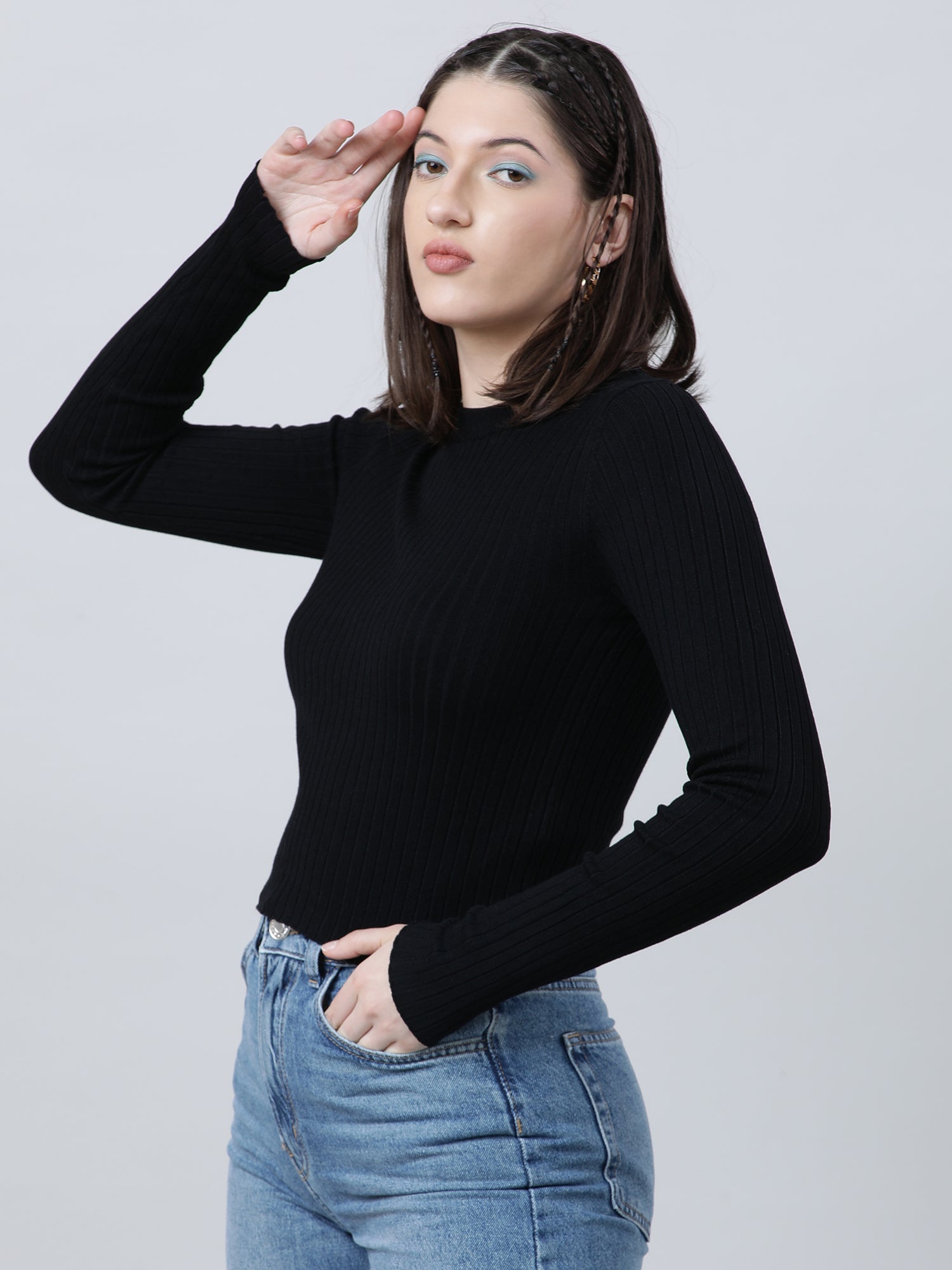 Women Regular Fit Black Ribbed T Shirt