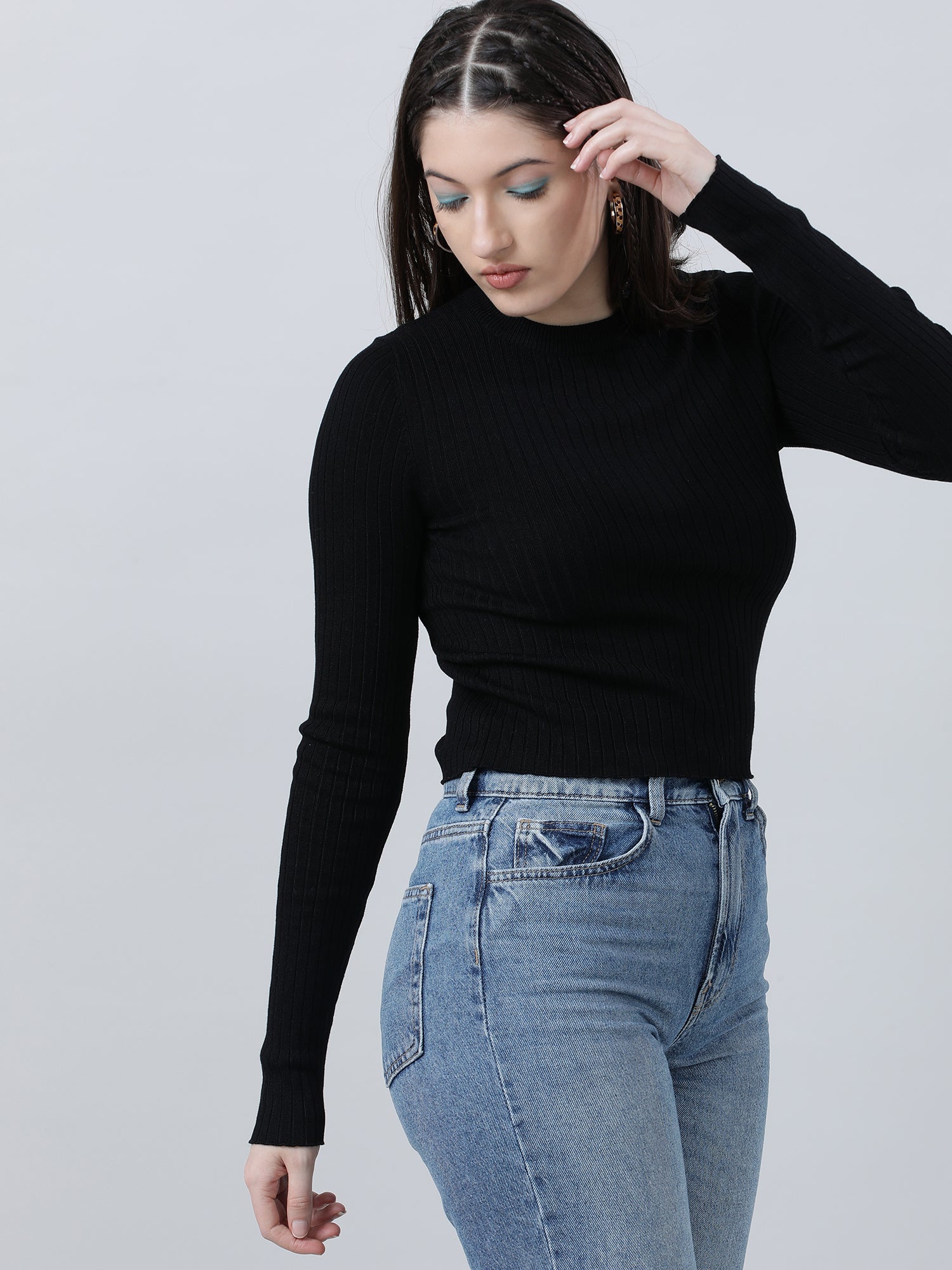Women Regular Fit Black Ribbed T Shirt