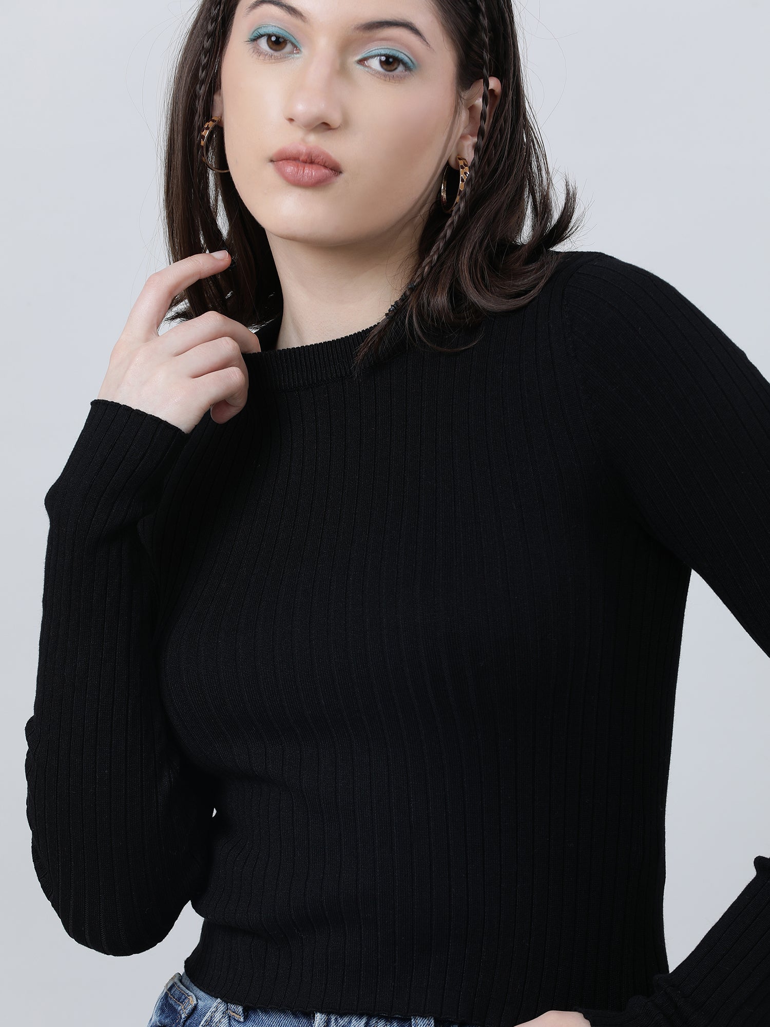 Women Regular Fit Black Ribbed T Shirt