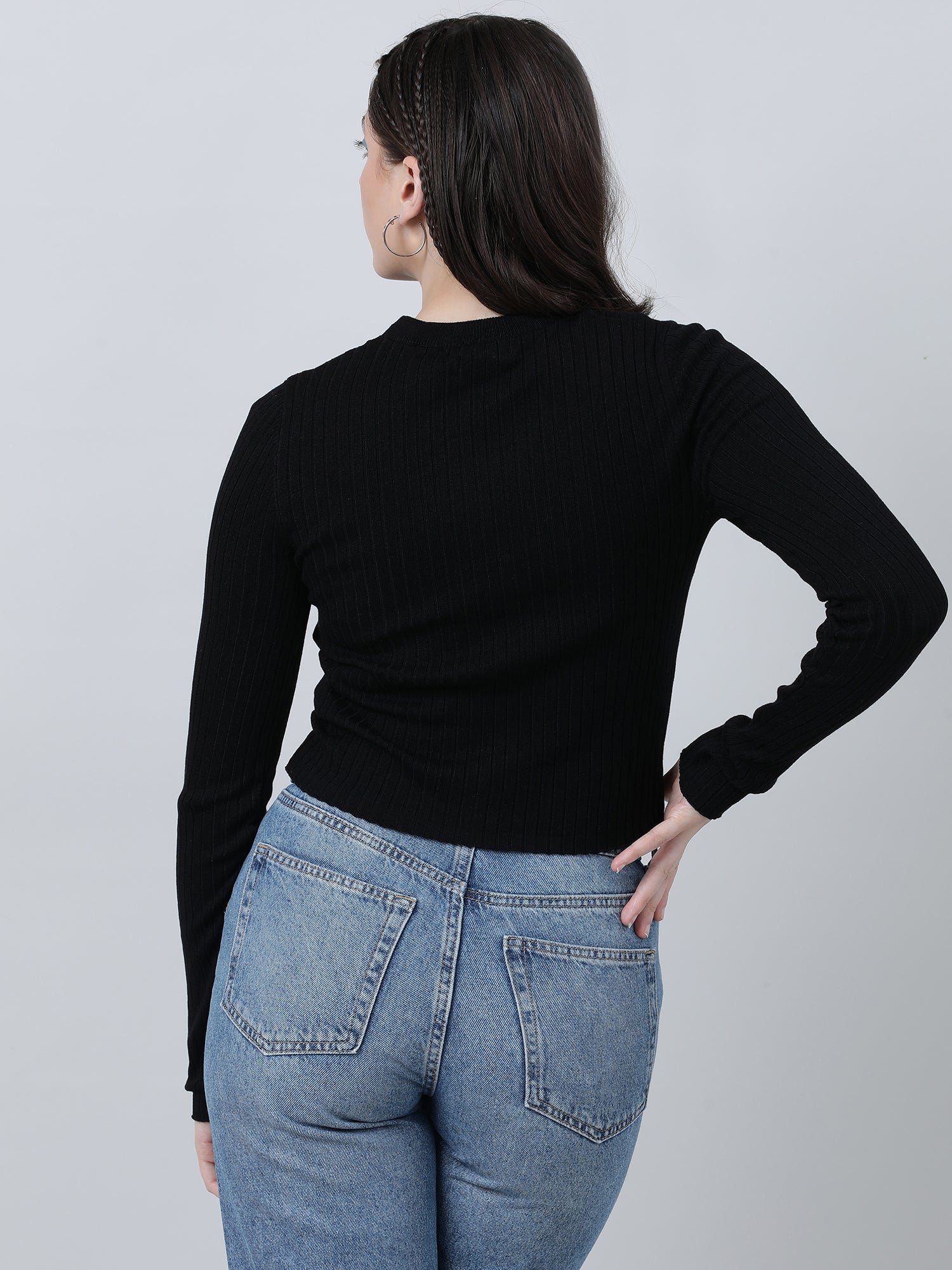 Women Regular Fit Black Ribbed T Shirt