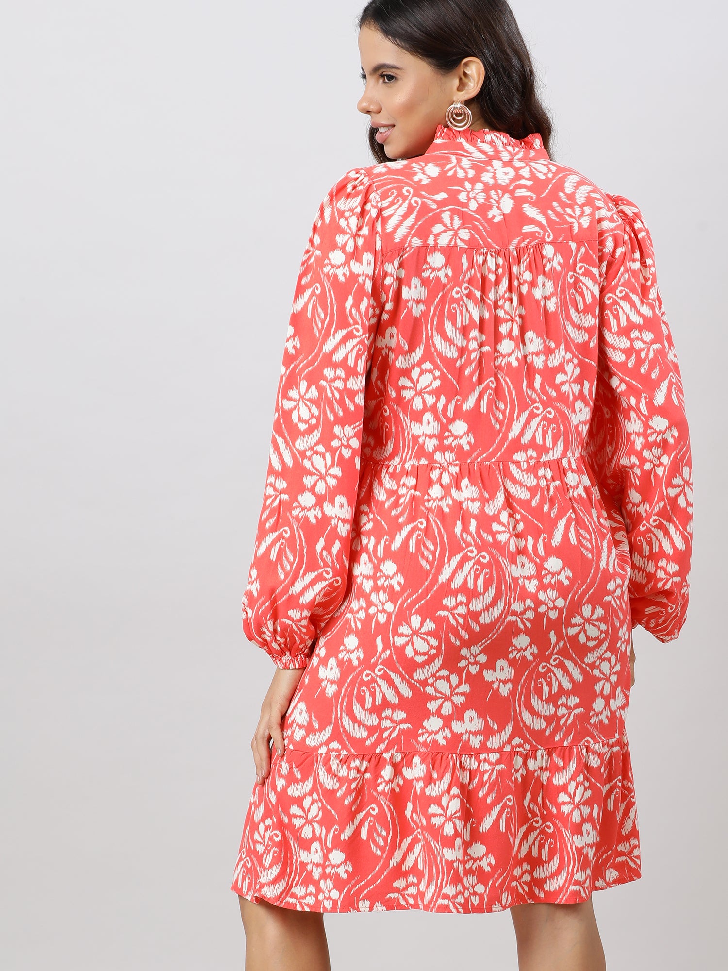 Casual Coral Printed Midi Dress