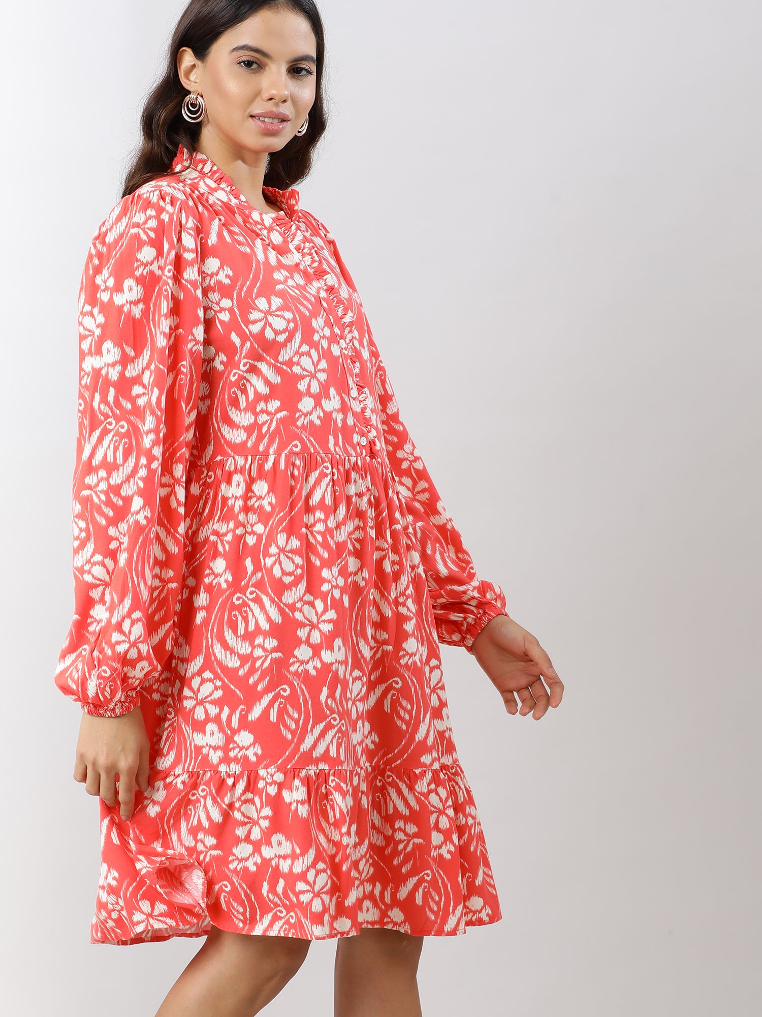 Casual Coral Printed Midi Dress