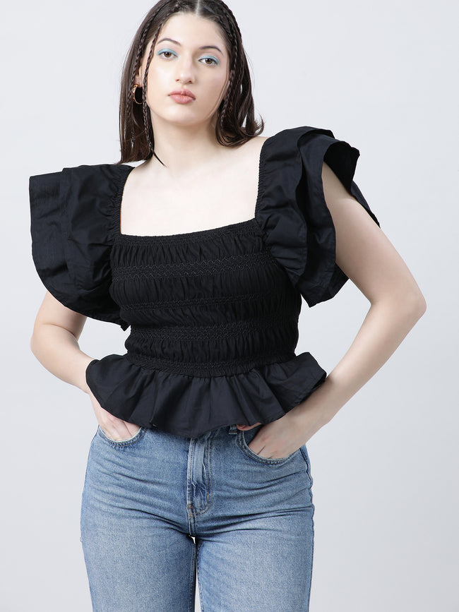 Women Black Striped Square Neck Sleeveless Top