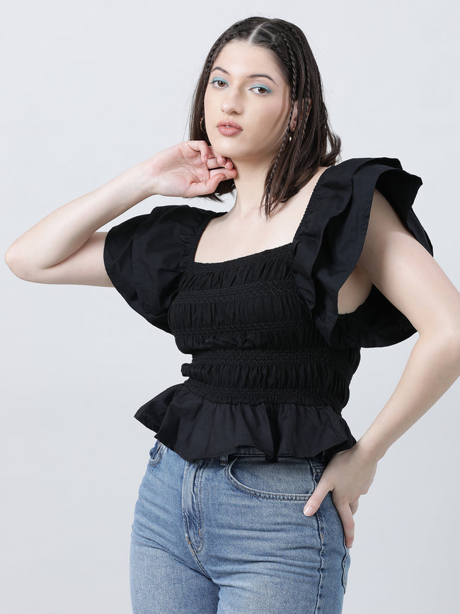 Women Black Striped Square Neck Sleeveless Top