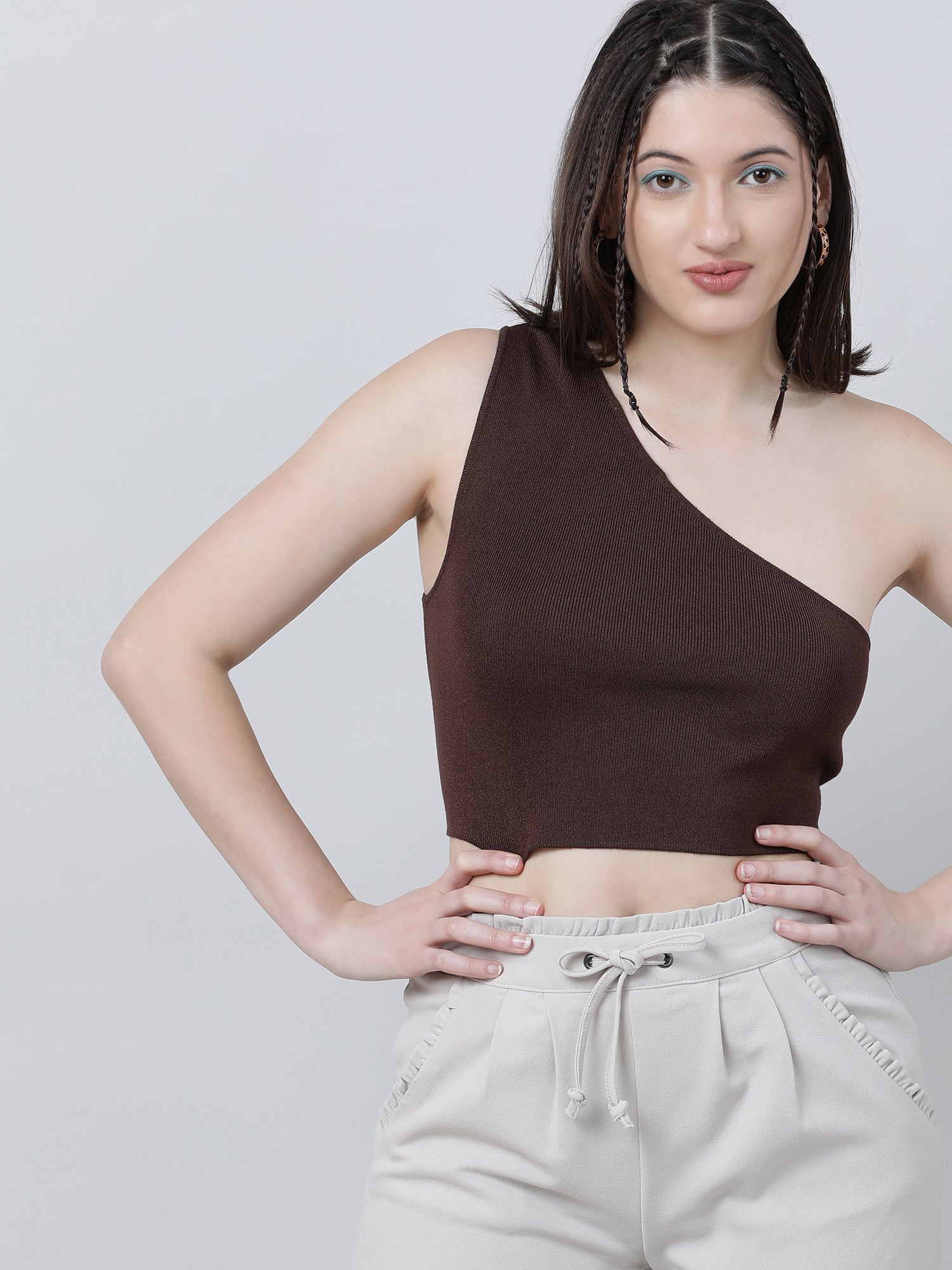 Women Slim Fit Brown One Shoulder Crop Top