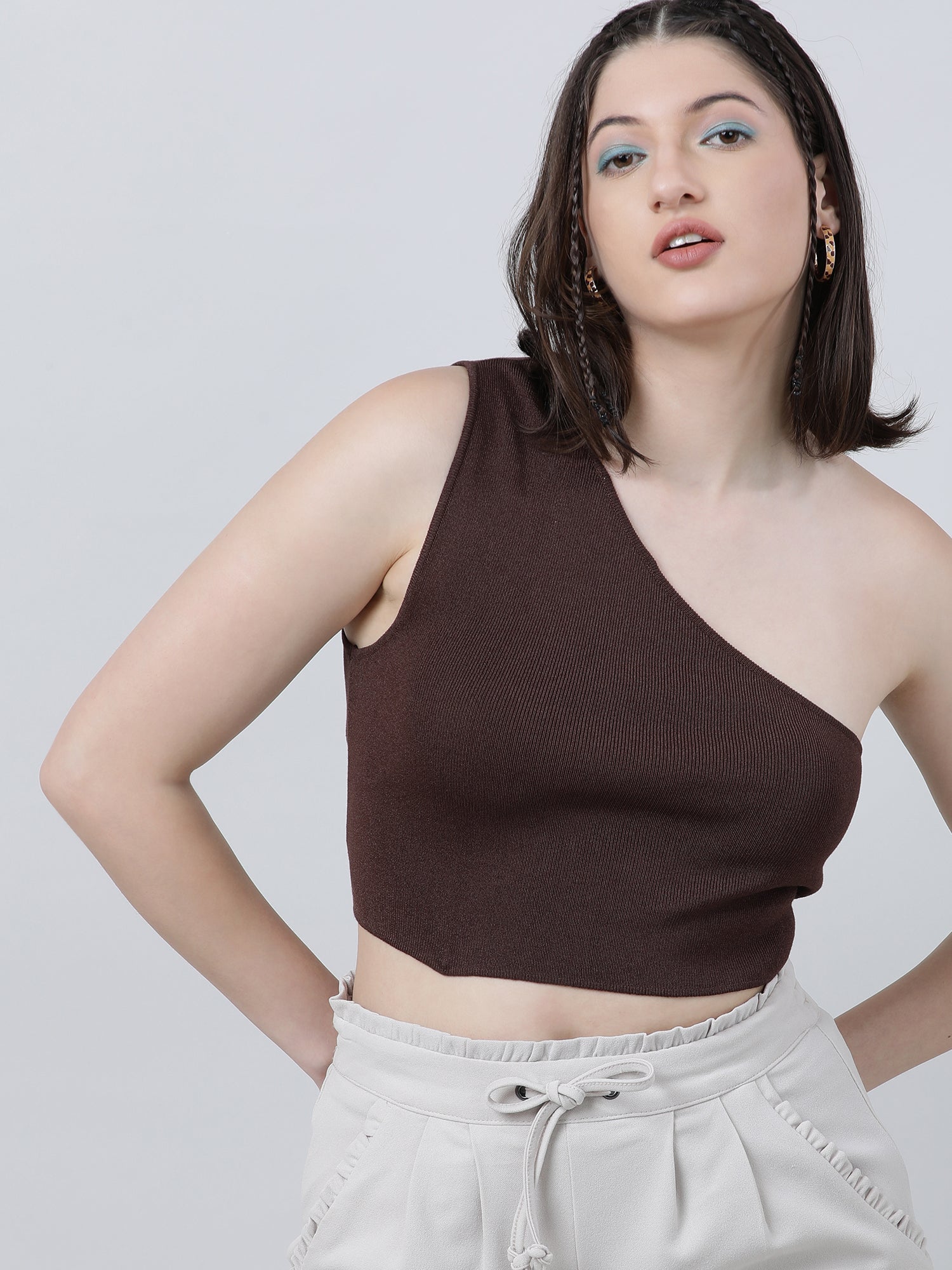 Women Slim Fit Brown One Shoulder Crop Top