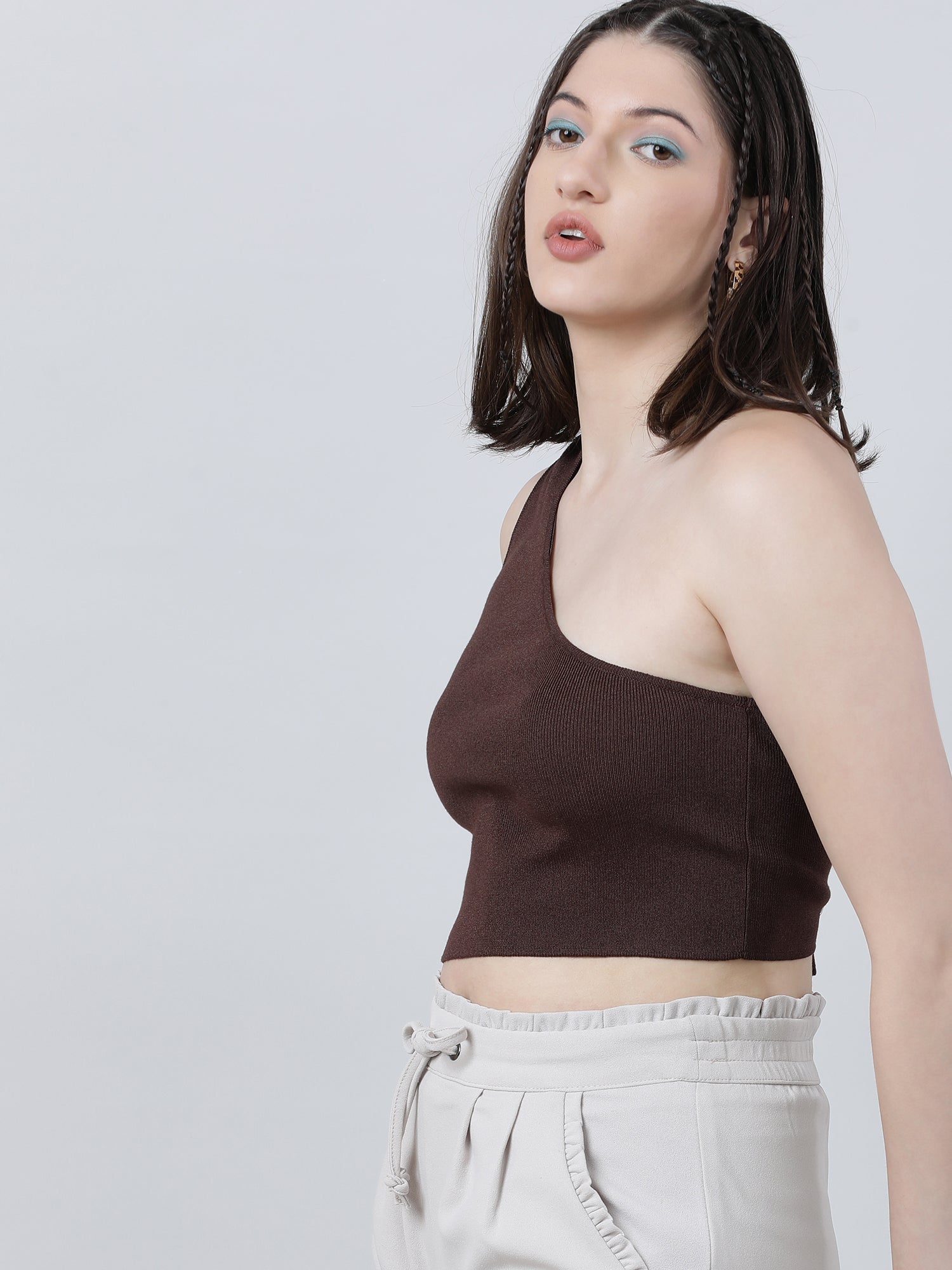 Women Slim Fit Brown One Shoulder Crop Top